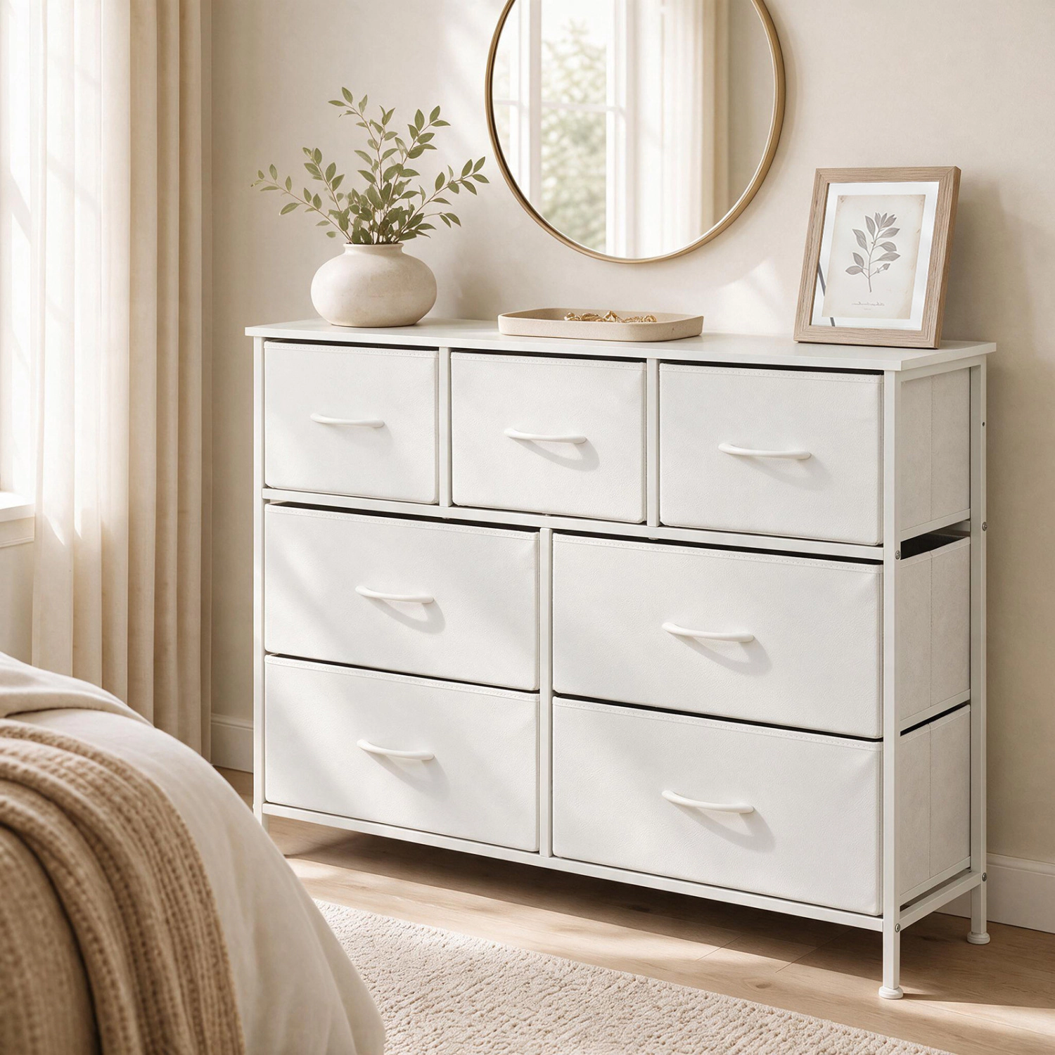 LJG 7-Drawer Wide Dresser with 2-Sized Folding Fabric Drawers for Bedroom