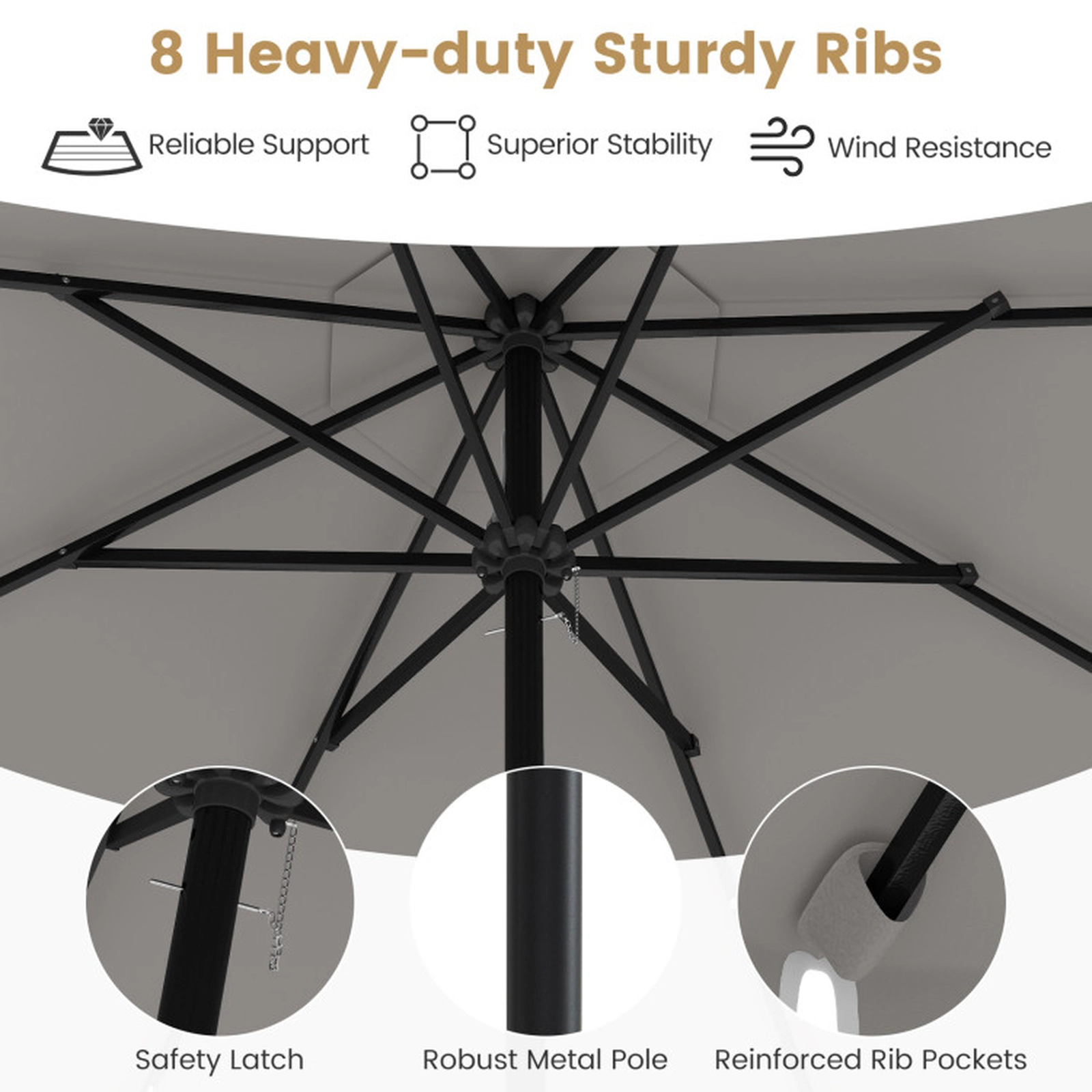 SUGIFT Gray Solar Patio Umbrella with Ruffled Edges Vented Top and 24 LED Lights 9.3-ft Dia 8.2-ft H