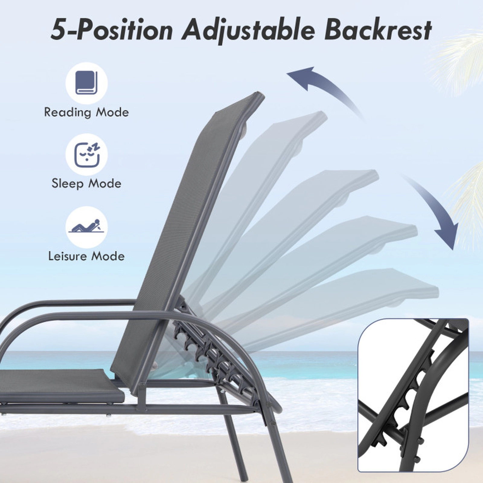 SUGIFT 5-Position Powder Coated Steel Fabric Chaise Lounge Chair 75.5-in x 26-in x 24.5-in 350-lb Capacity Dark Gray