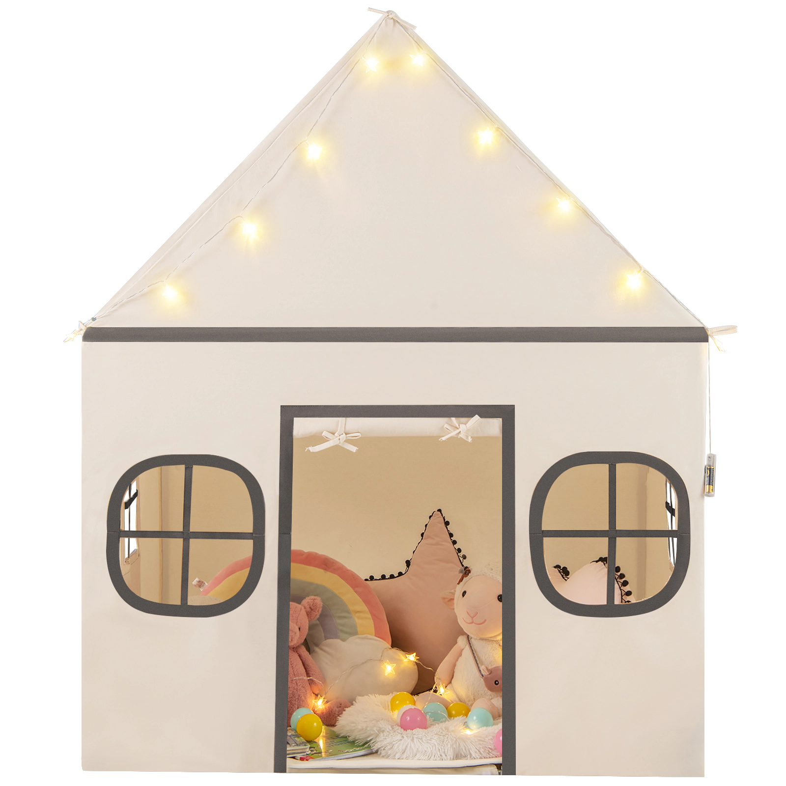 SUGIFT 47-in Large Kids Play Tent Playhouse with Door Curtain Windows and Star Lights Ages 3+ Beige and Gray