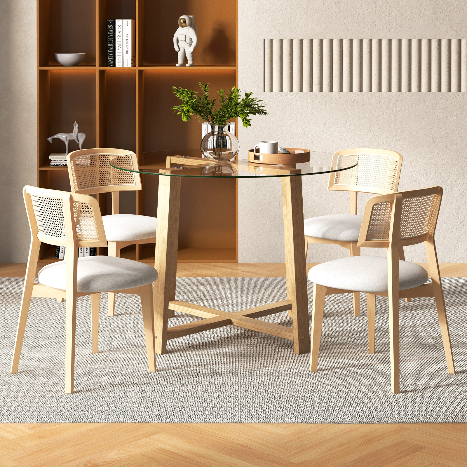 LJG 42 Inches Round Glass Dining Table with Tempered Glass Tabletop and Rubber Wood Legs