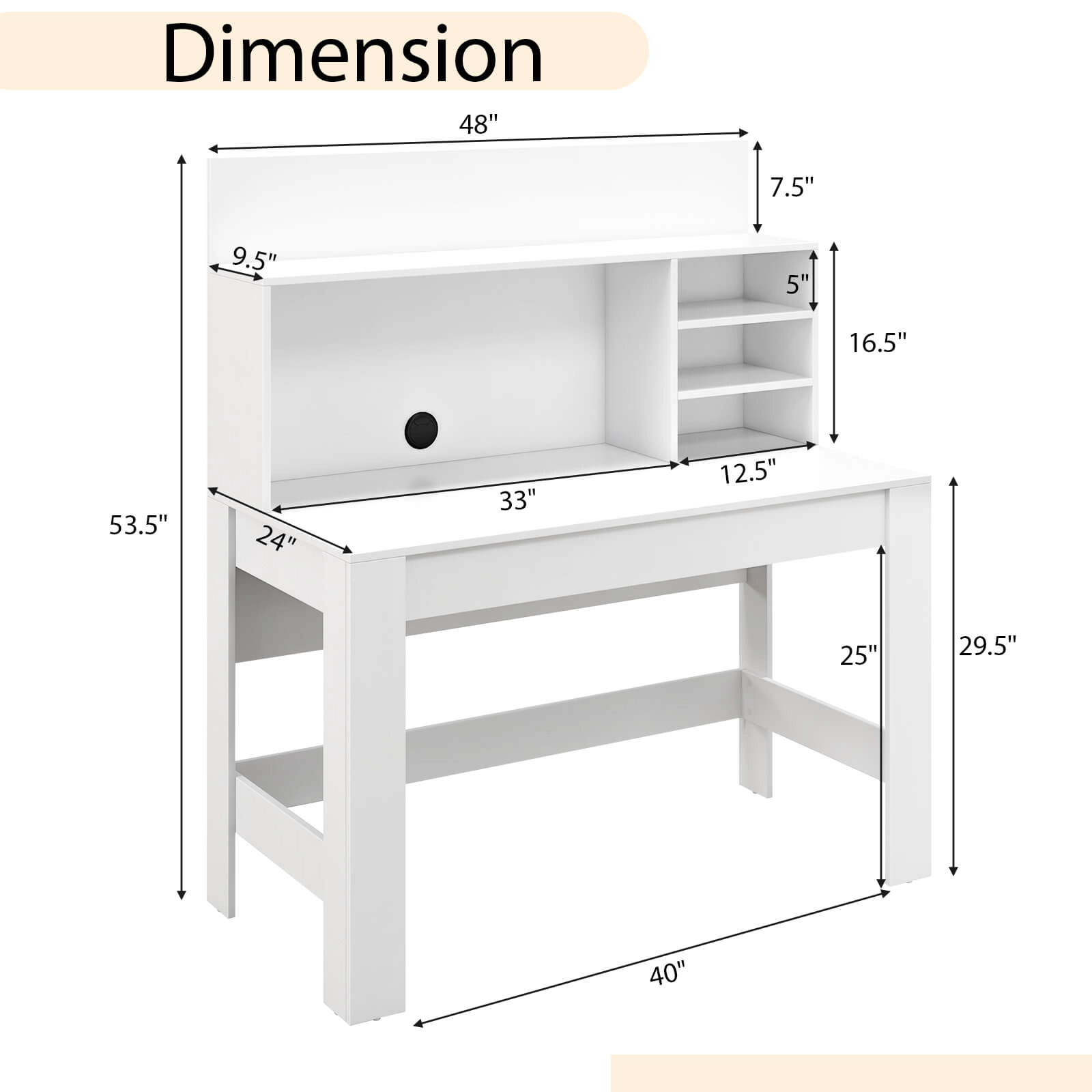 SUGIFT Writing Computer Desk Bookshelf 100-lb Desktop Capacity Anti-Tipping Kits Cable Management Hole Rustic Oak White