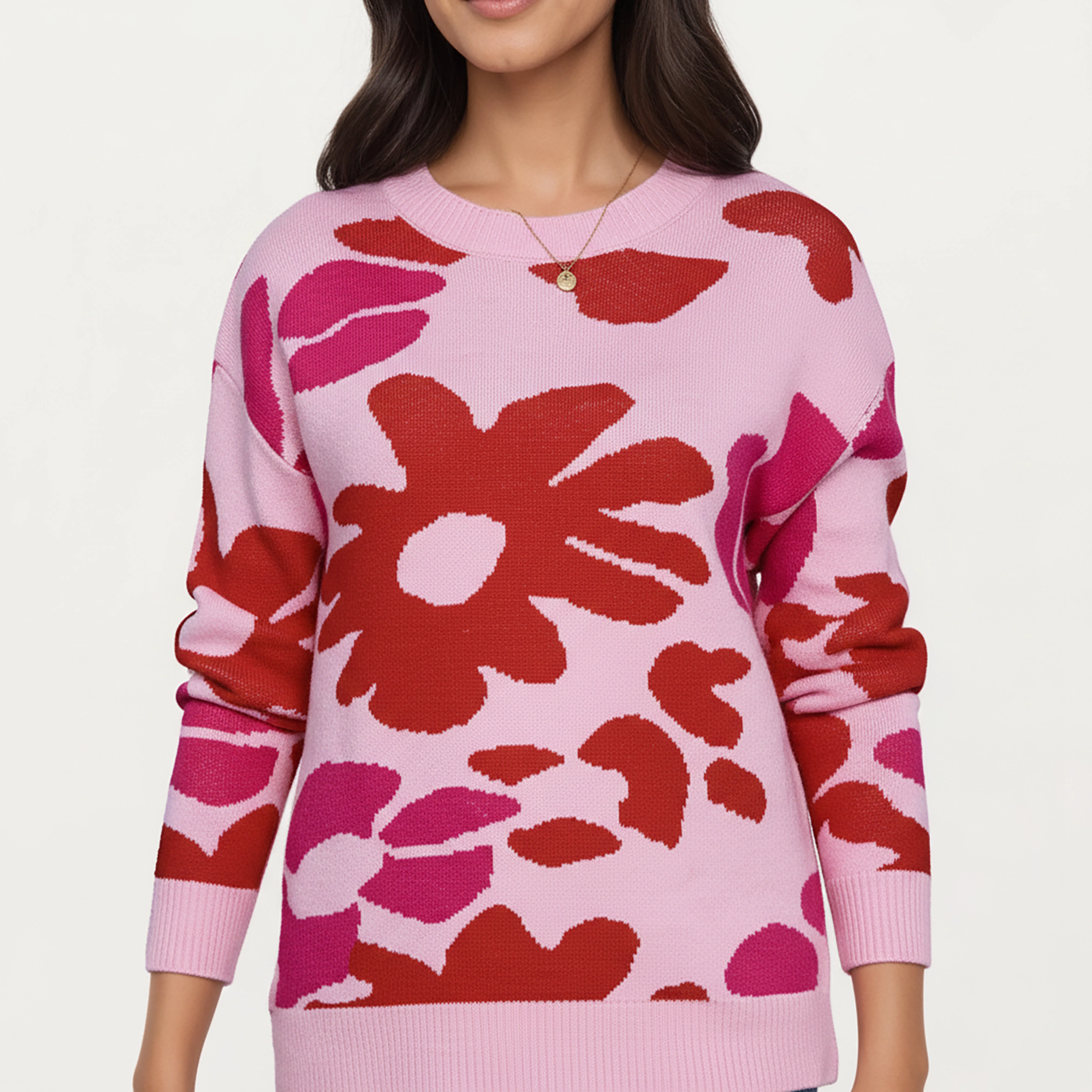 Anna-Kaci Women's Bold Floral Pattern Knit Sweater with Soft Textured Feel, Long Sleeves and Comfortable Relaxed Fit