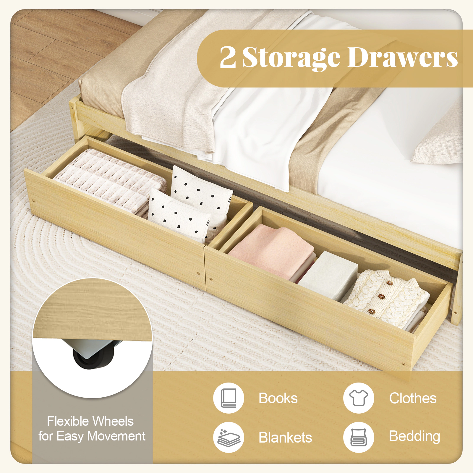 SUGIFT Twin Size 250-lb Bed Capacity Pine Wood Captain Bed Frame with 2 Storage Drawers 16-in H Natural