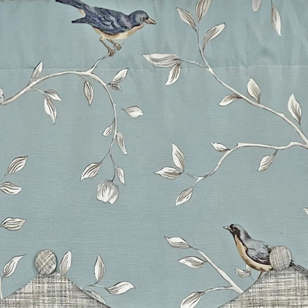 RLF Home Trend Bird Petticoat Valance Hazel Blue. 3"Rod Pocket, Contrast Bottom fabric. Hand Made Buttons 50"W x 15"L