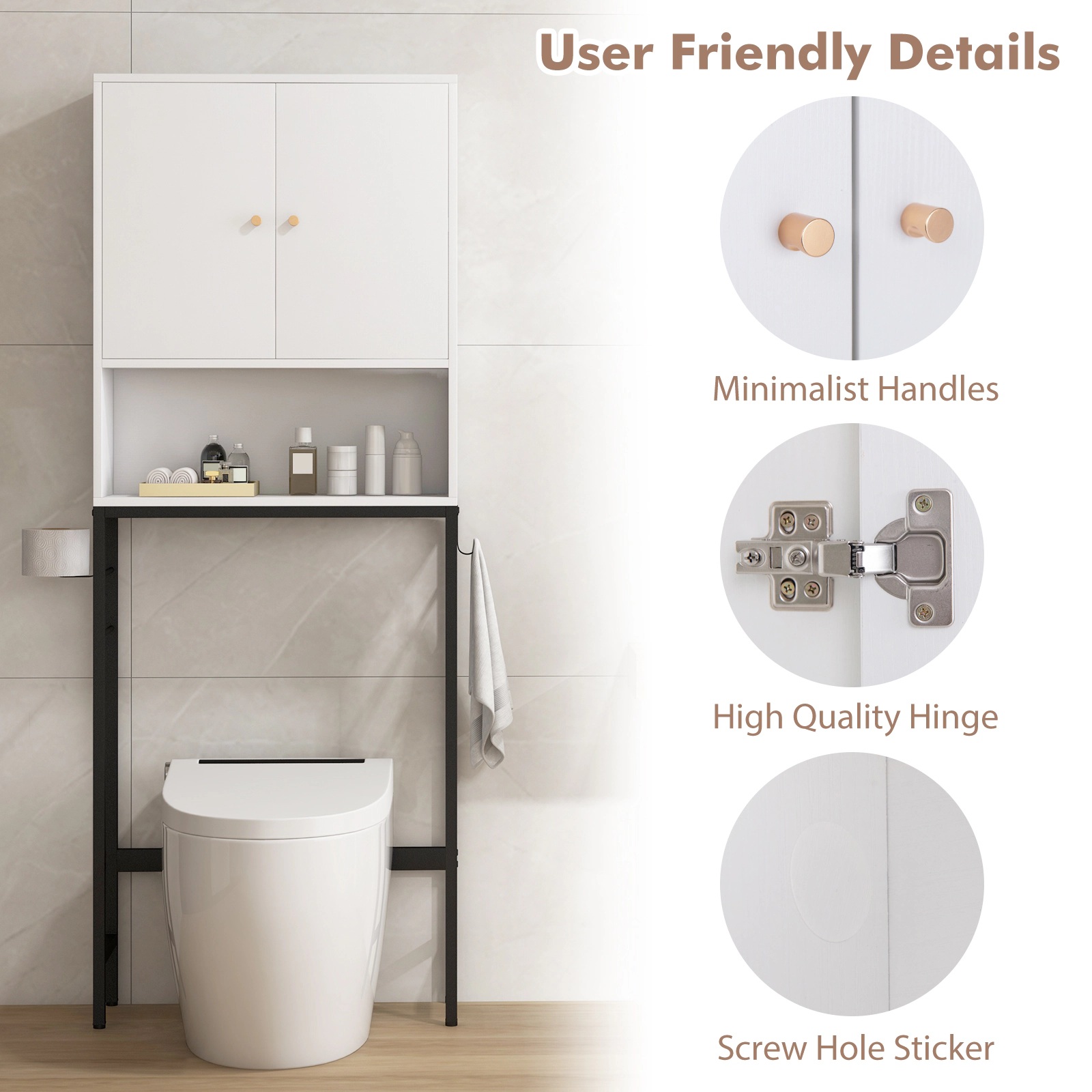 SUGIFT White 62.5-in 132-lb Capacity Over the Toilet Bathroom Storage Cabinet with 2 Doors and Shelf