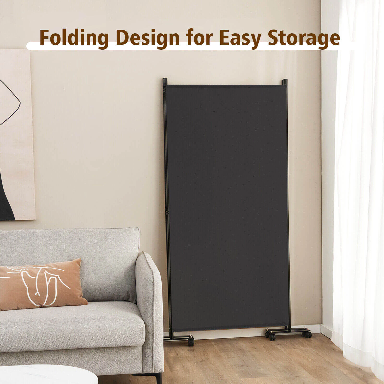 SUGIFT 3 Panel Folding Room Divider with Lockable Wheels 103-in Wide Metal Frame Polyester Fabric Gray