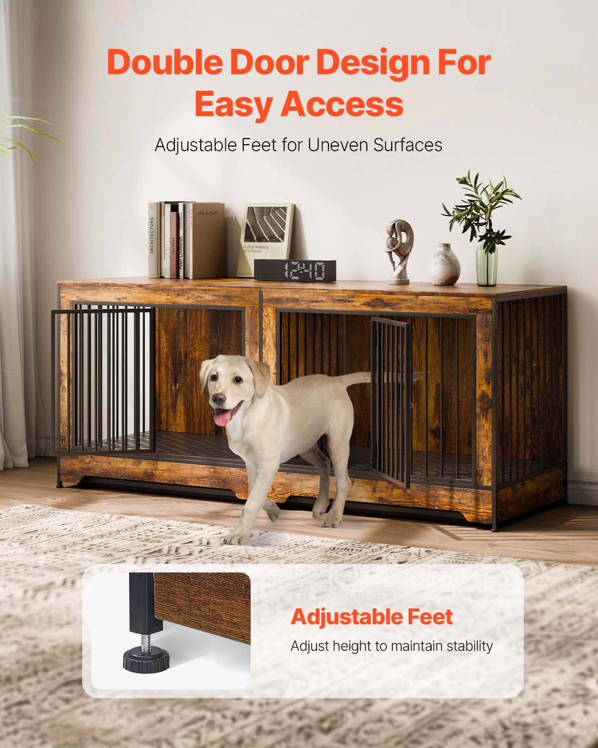 HONGGE 75 in Wooden Dog Crate Furniture with Divider for 2 Dogs, Double-Door TV Stand & End Table, Brown
