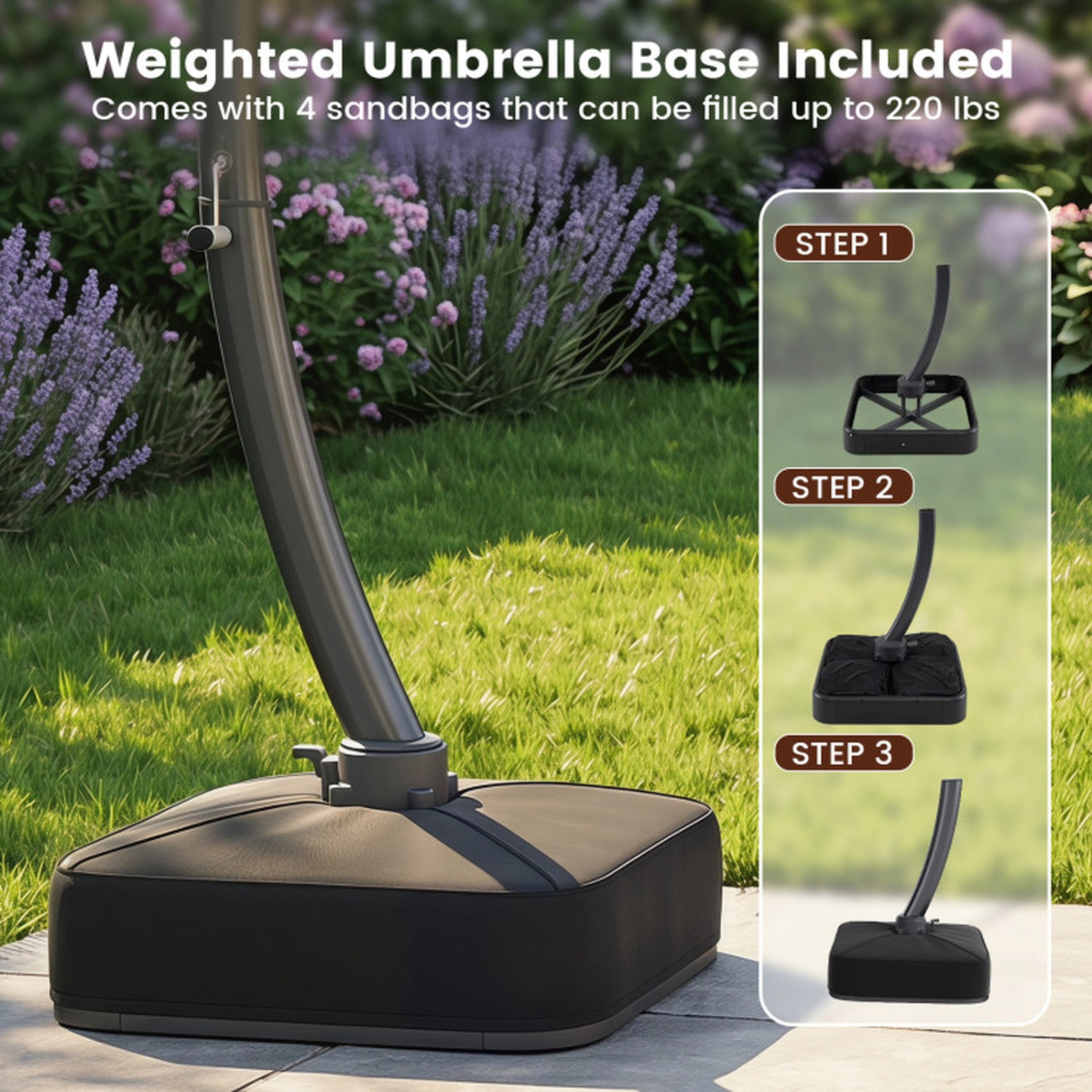 SUGIFT 11-ft Beige Aluminum Offset Cantilever Patio Umbrella with 220-lb Sandbag Base and Foot Pedal Spin