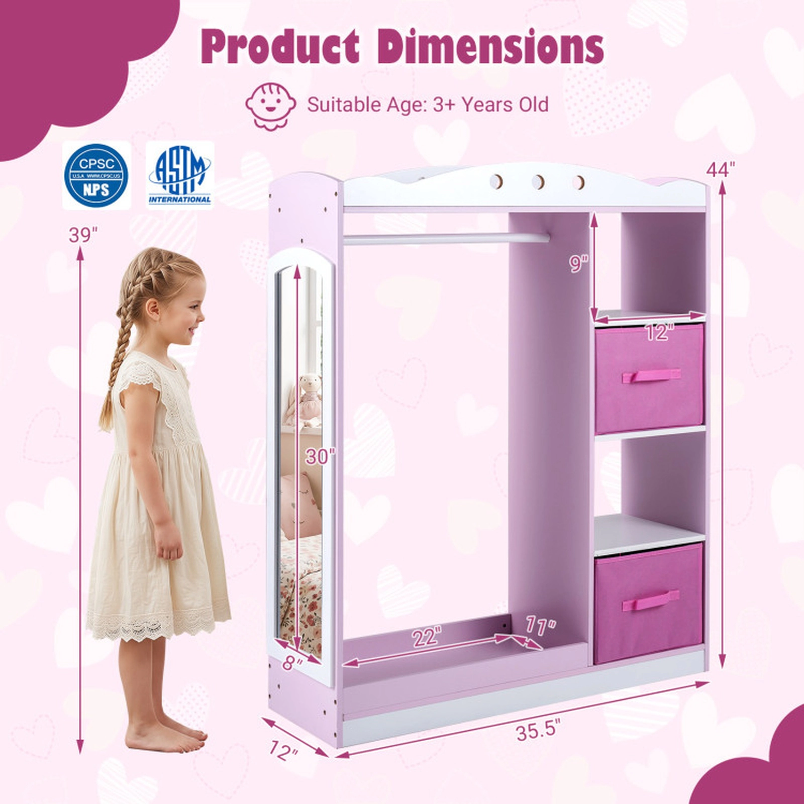 SUGIFT 44-in Pink Kids Dress Up Storage and Clothing Rack with Full Length Acrylic Mirror and 2 Fabric Drawers