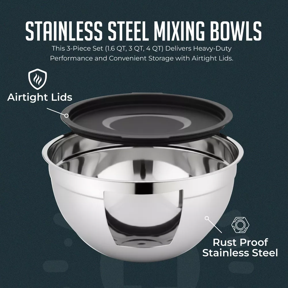 Luminuxe Mixing Bowls & Vegetable Chopper Set, 3pc Stainless Steel Nesting Bowls with Lids & 4‑in‑1 Chopper Spiralizer