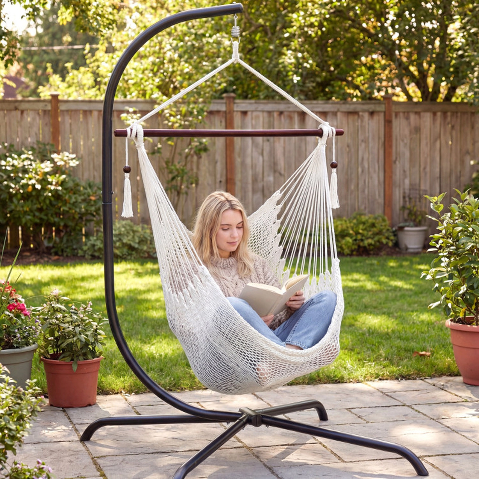 SUGIFT Beige Caribbean Rope Hammock Chair with Metal Spreader Bar