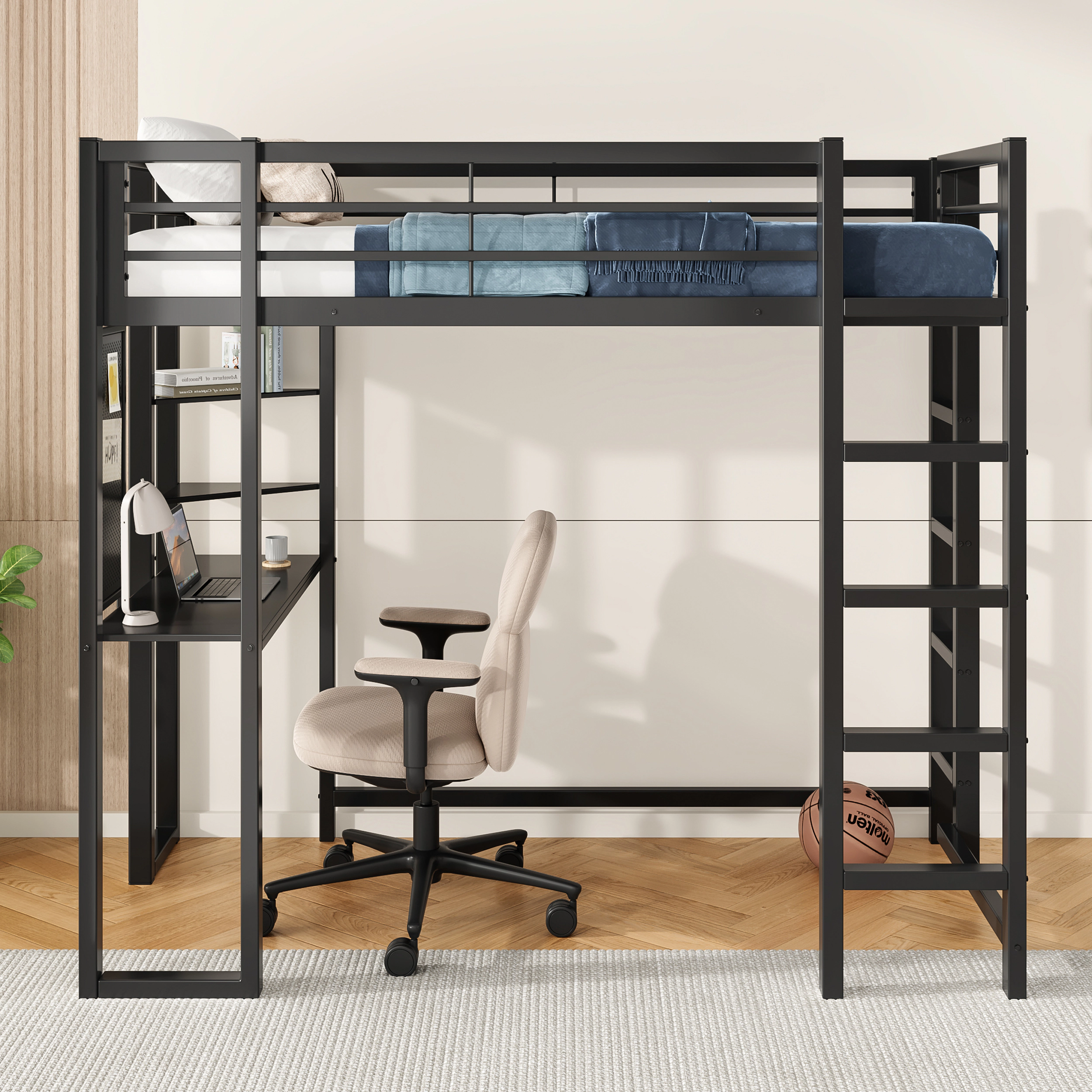 Flynama Twin Metal Loft Bed with Desk & Storage, Black, for Kids & Teens