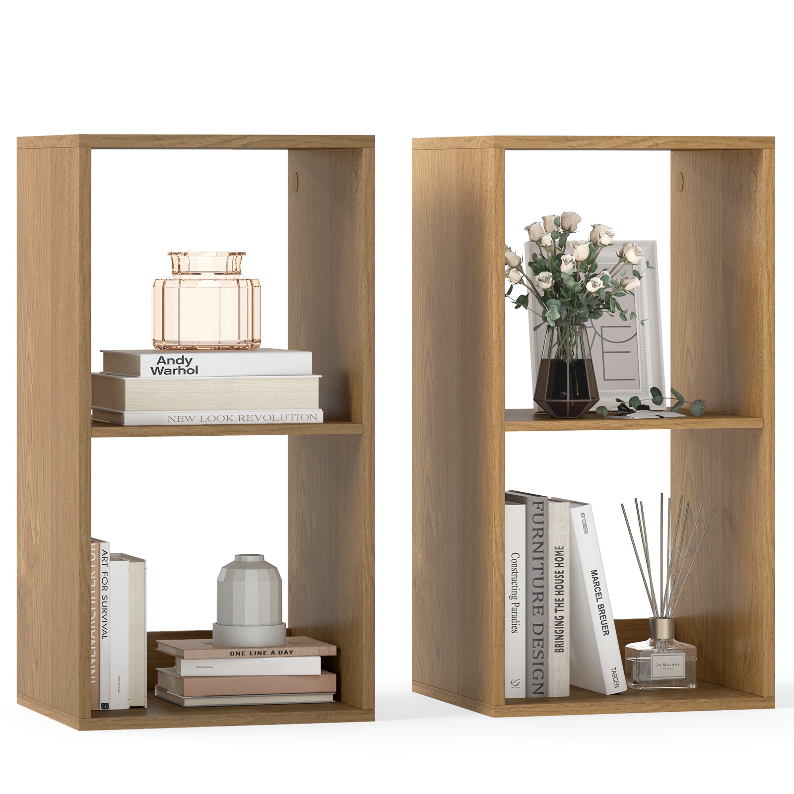 Costway 2PCS 2-Cube Bookcase w/ Anti-tip Kit 2-Tier Open Back Bookshelf for Bedroom Brown