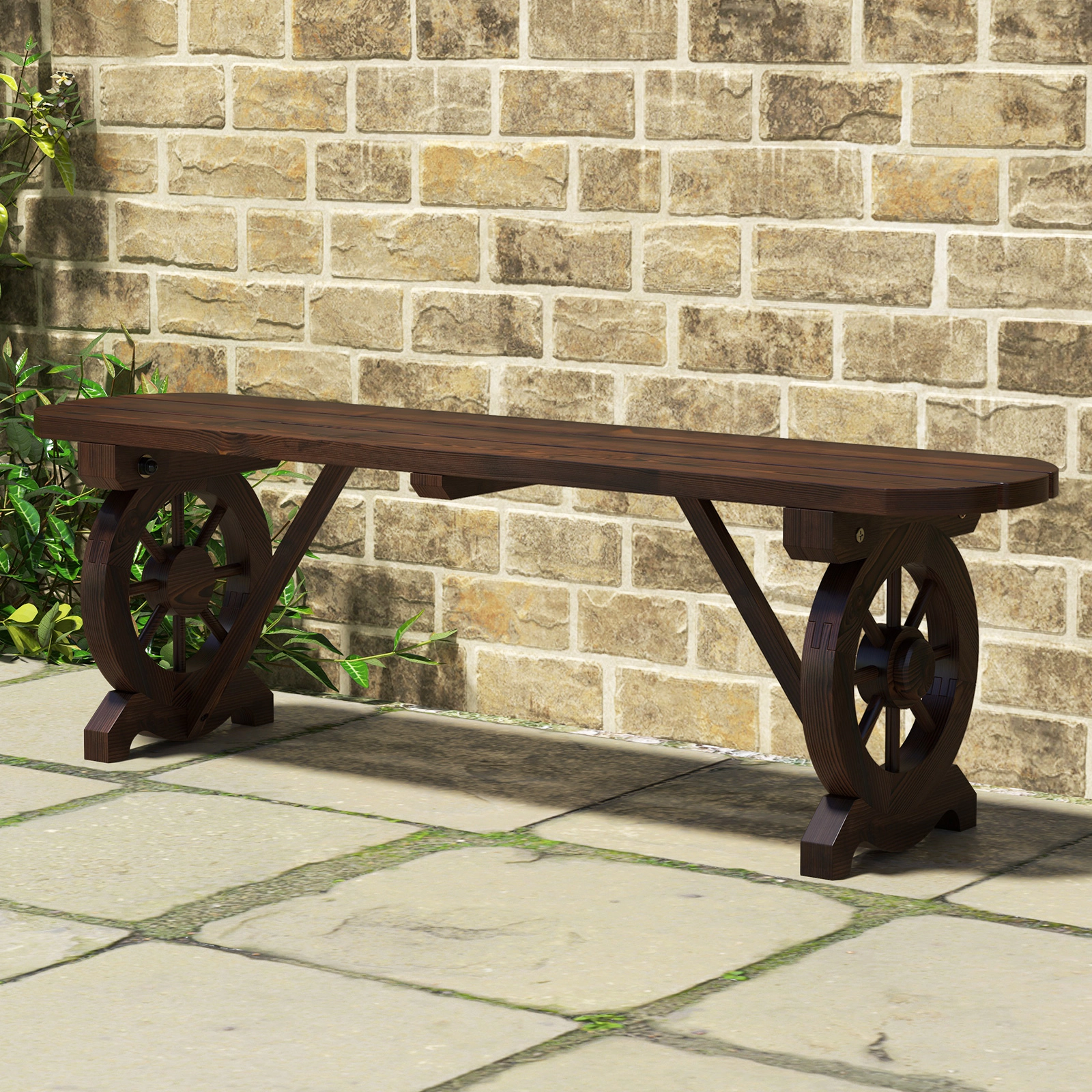 SUGIFT Wagon Wheel Base Backless Garden Seat 45 Inch Patio Rustic Fir Wood Bench