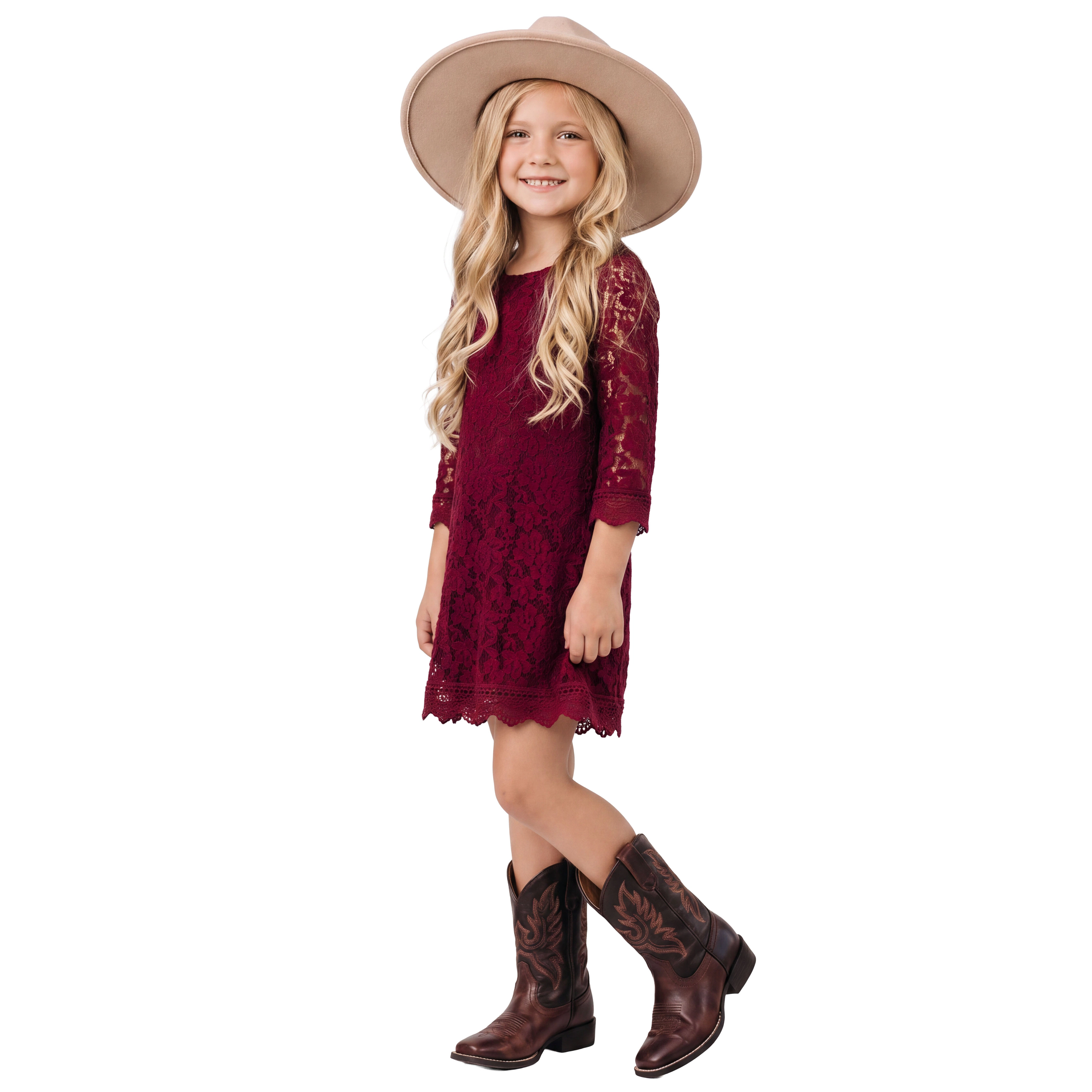 2Bunnies Girls' 12M-12Y Boho Country Rustic Lace Scalloped Trim Sleeve Flower Girl Dress
