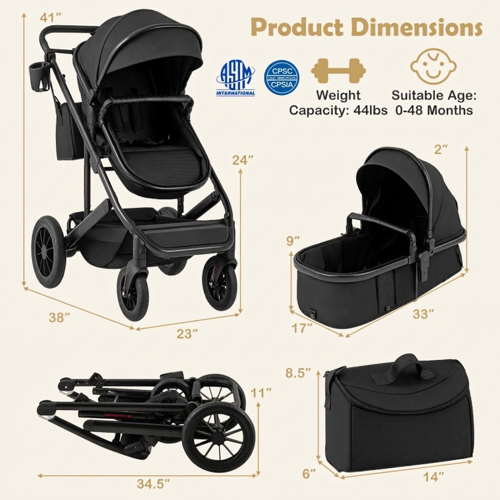 SUGIFT Baby Black 3-in-1 Folding Stroller with Detachable Bassinet and 4-Level Canopy 38-in W 48-lb Seat Capacity