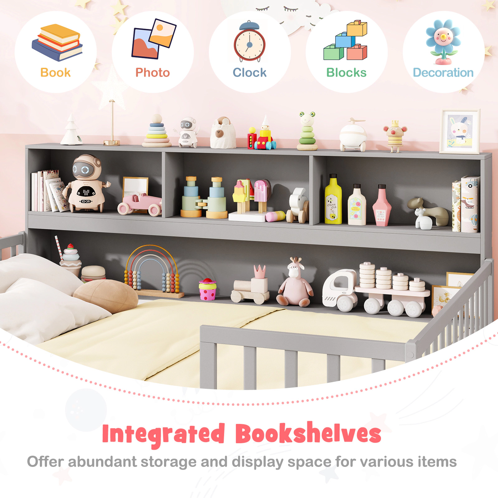 SUGIFT Gray Integrated Bookcase and Full-Length Guardrails Pine Wood Twin Kids Montessori Floor Bed