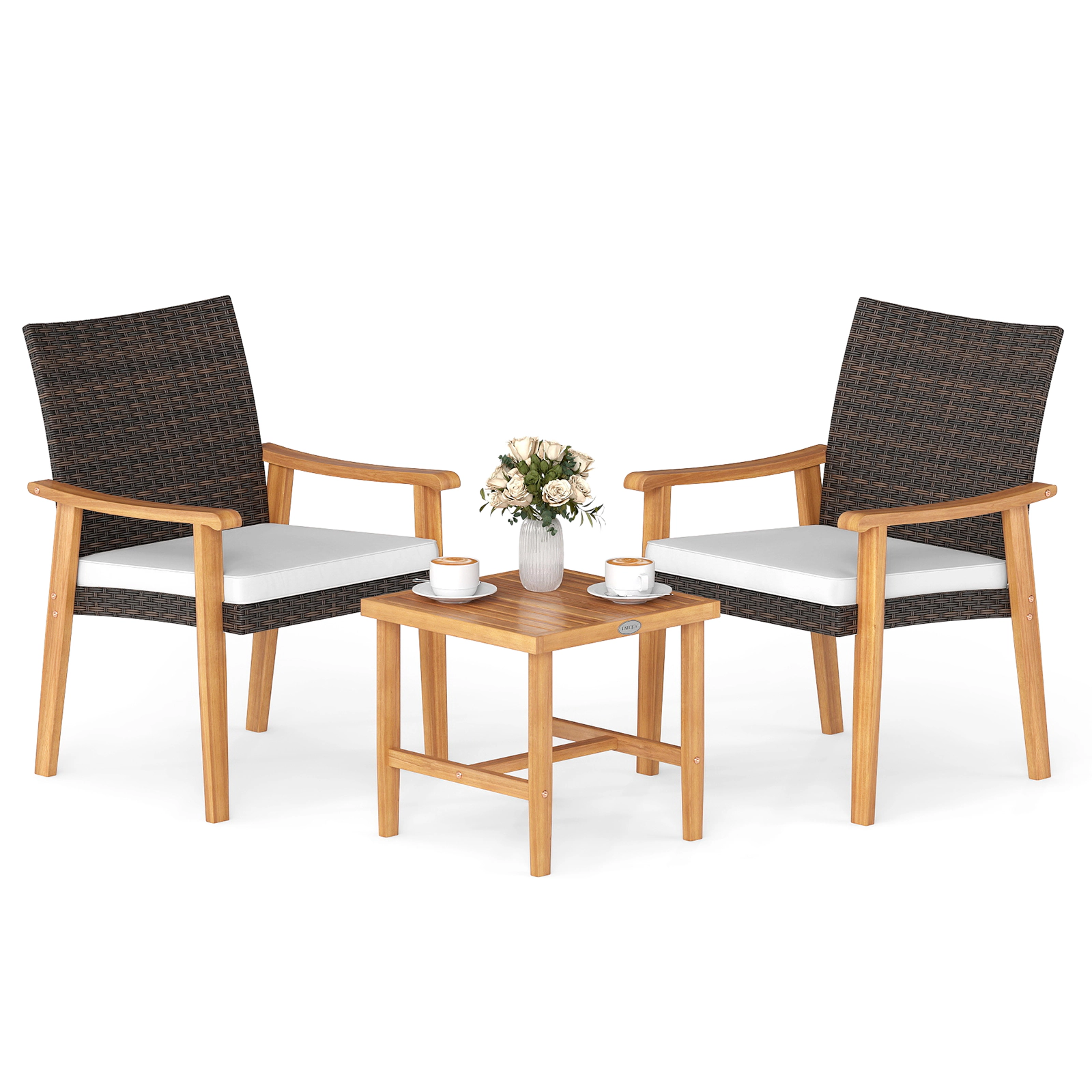 LJG 3 Pieces Patio PE Wicker Furniture Set Acacia Wood Outdoor Conversation Bistro Set