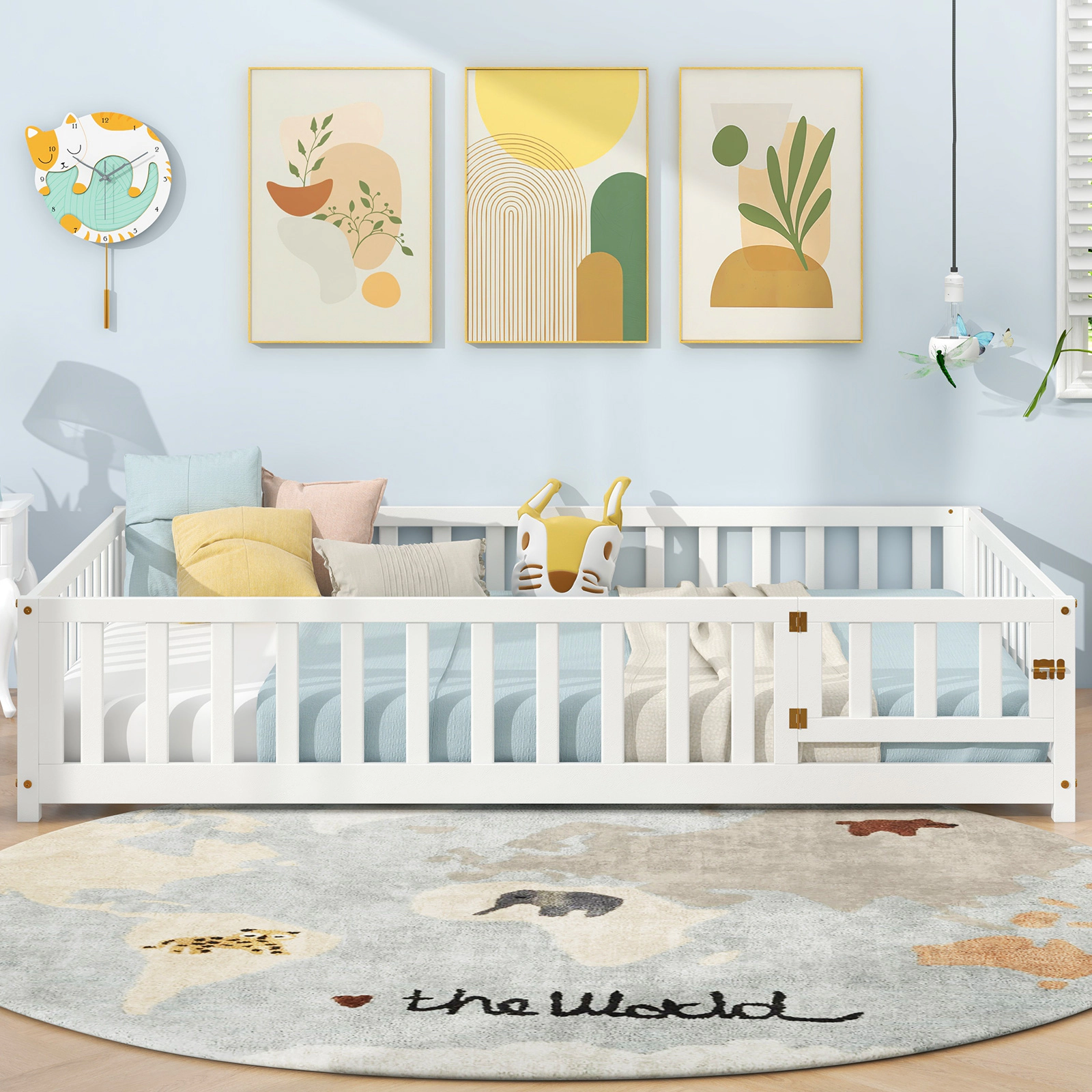 SUGIFT Low Floor Montessori Bed Frame Full-length Guardrails Safety Door 330-lb Capacity 78-in Wide Toddler Bed White