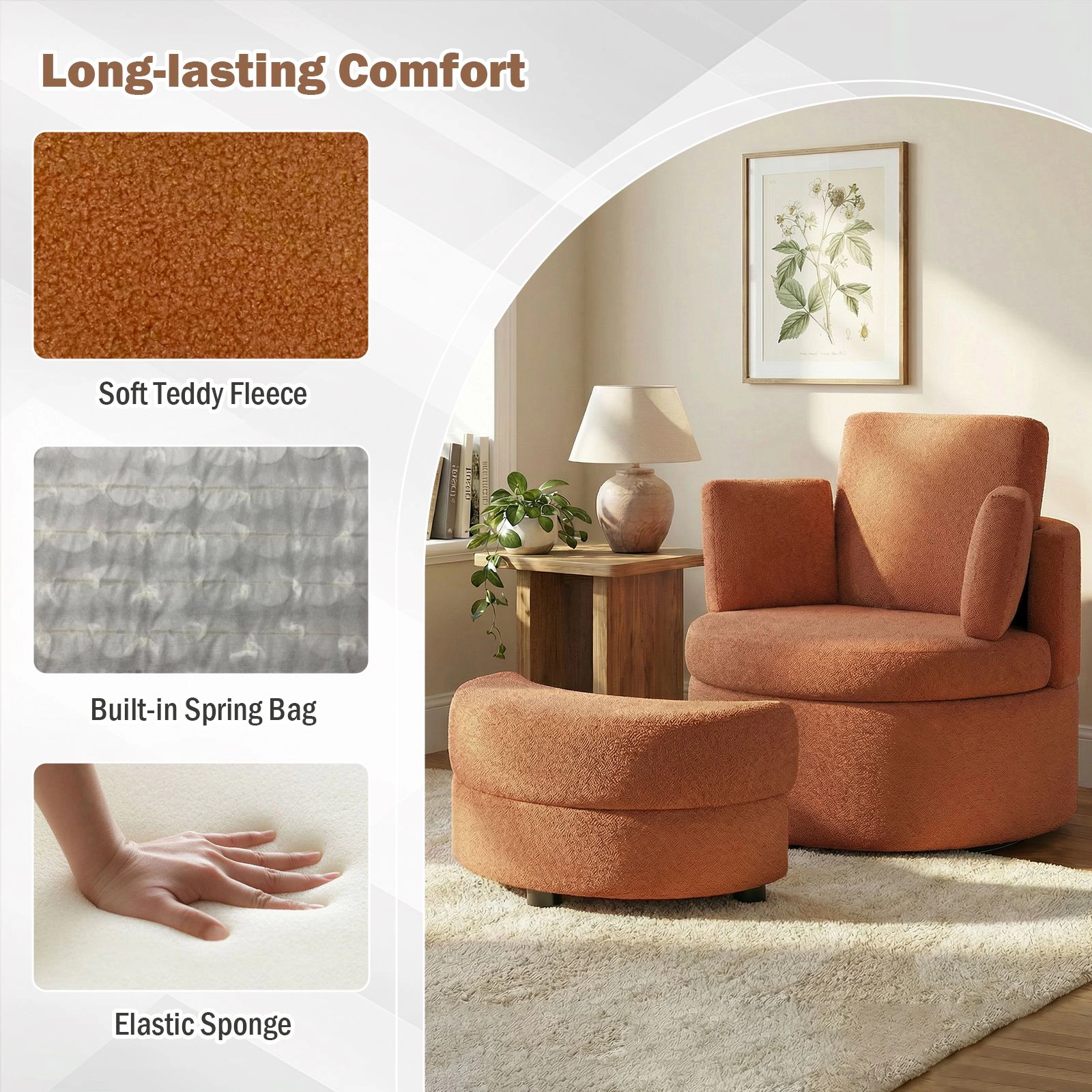 SlickBlue Unisex 360° Swivel Barrel Chair with Storage Ottoman