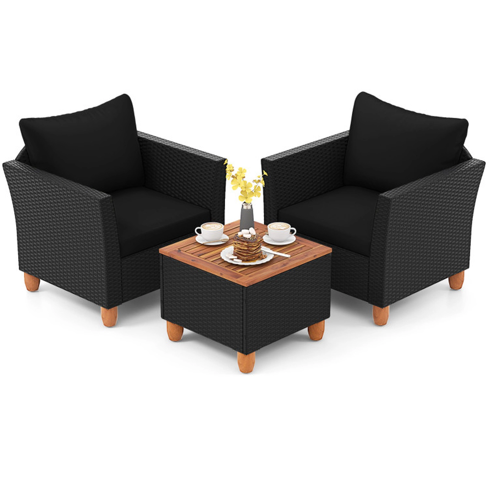 SUGIFT Black Acacia Wood Table and Hidden Storage 3-Piece Outdoor Rattan Sofa Set