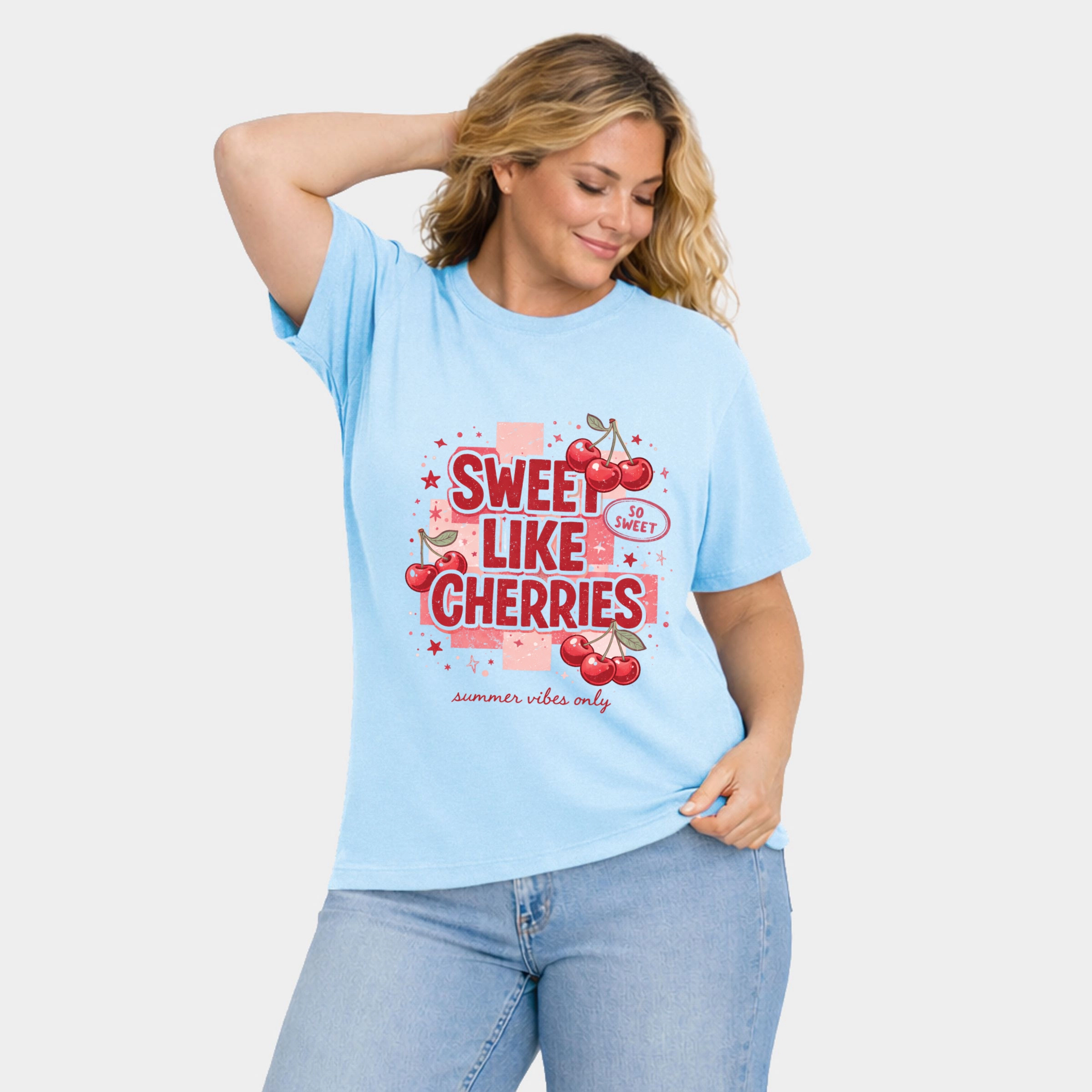 Simply Sage Market - Sweet Like Cherries Summer Vibes Women's Plus Sized Garment Dyed Graphic T-Shirt