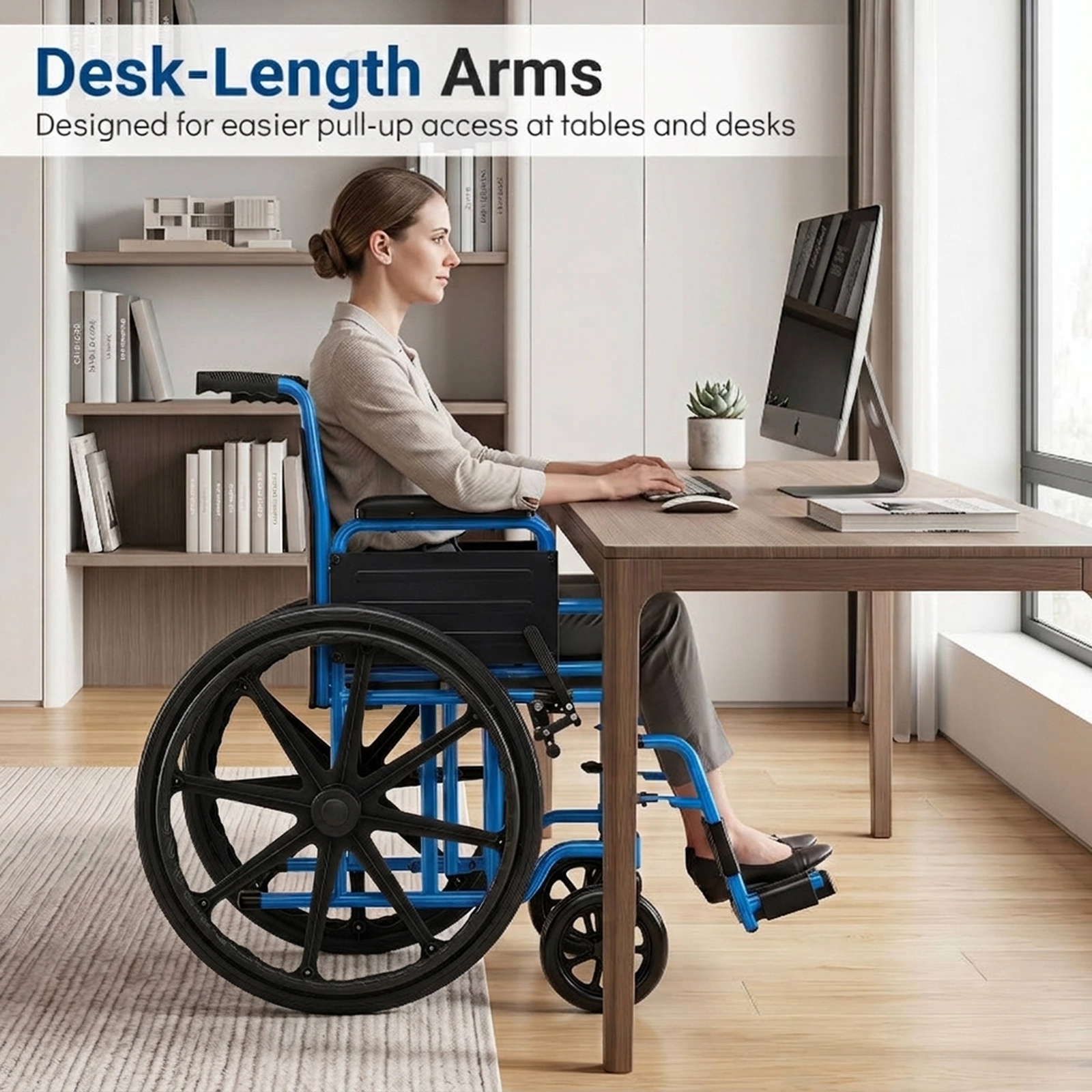 SUGIFT Navy Folding Wheelchair with Flip-Up Footrests and Padded Desk Arms 40-in W 26-in D 330-lb Seat Capacity