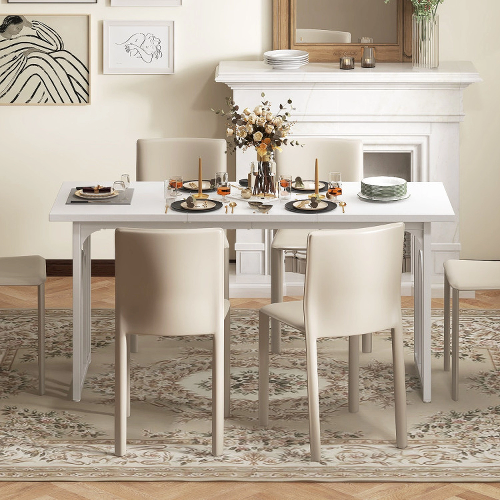 SUGIFT 63-in Rectangular Farmhouse Dining Table for 6-8 People with Arch Metal Frame 330-lb Capacity White
