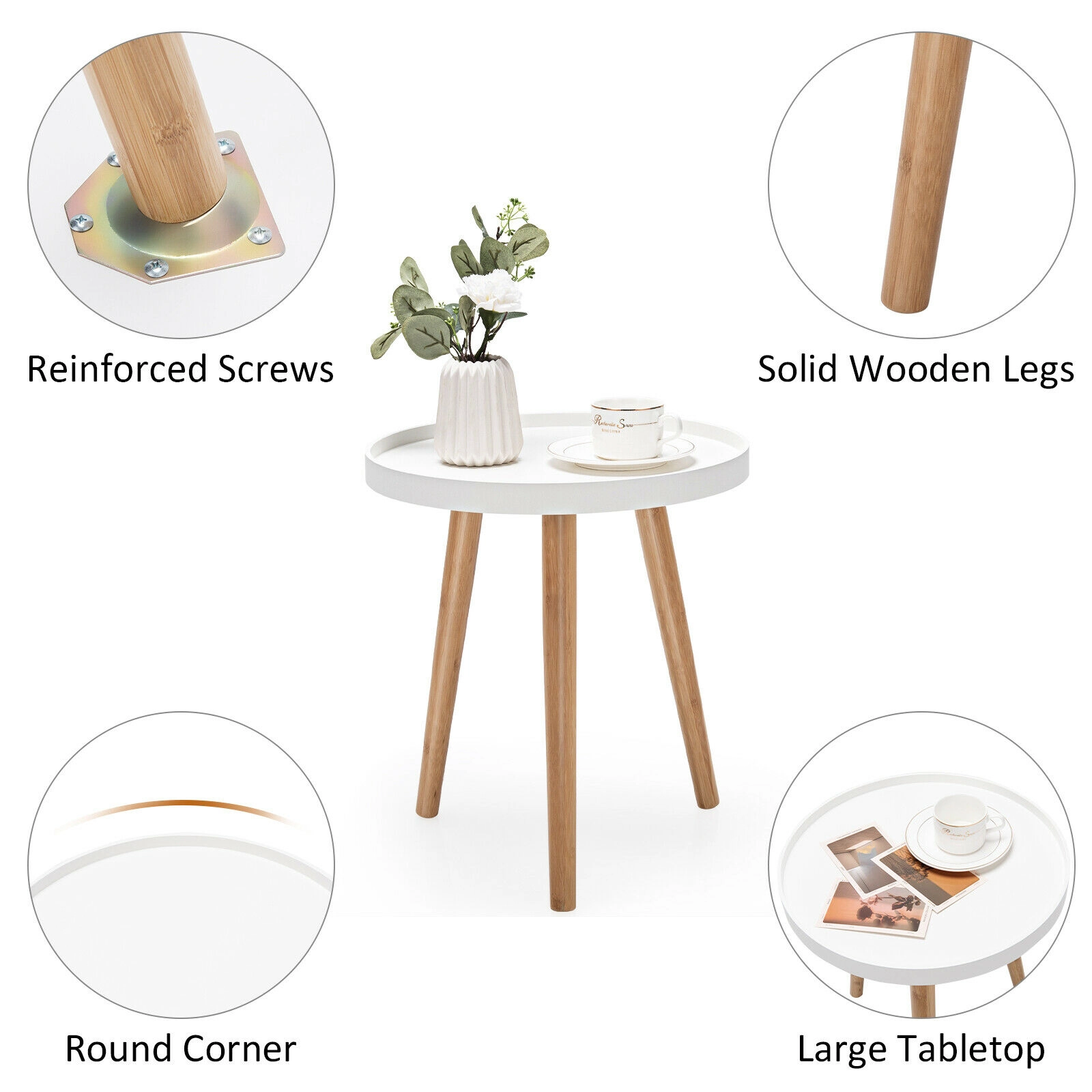 Glintex Round Tray-Top Side Table with Lipped Edge and Bamboo Legs, White