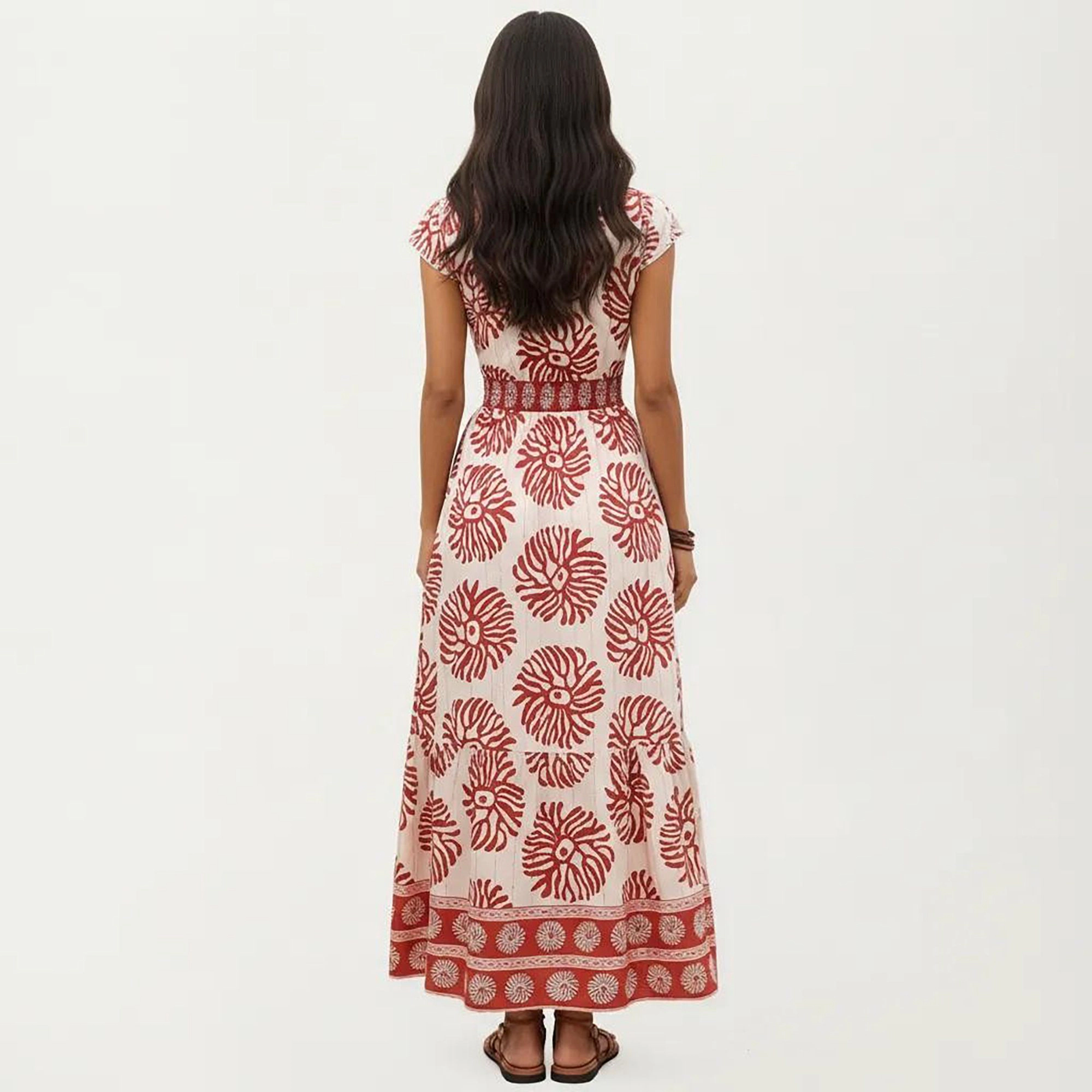 Anna-Kaci Women's Cap Sleeve V-Neck Smocked Waist Maxi Dress