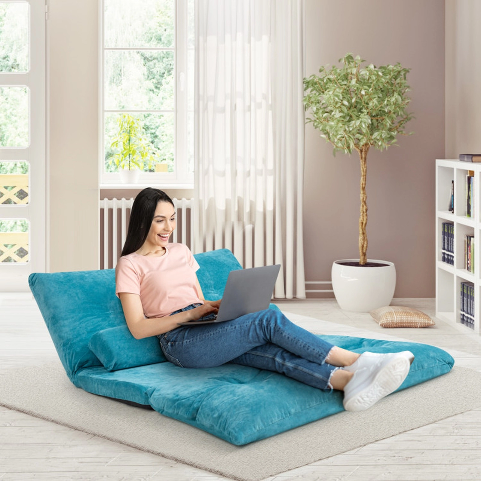 SUGIFT 6-Position Lay Flat 2 Pillows Corduroy Convertible Floor Sofa Bed 71-in x 42.5-in x 7-in 330-lb Capacity Blue