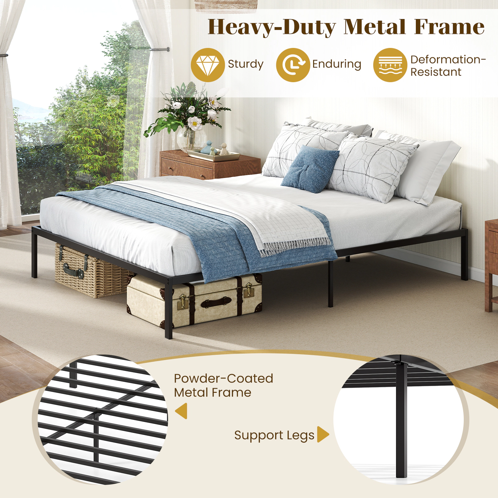 SUGIFT Black Support Slats Mattress Foundation Heavy Duty Metal Bed Frame