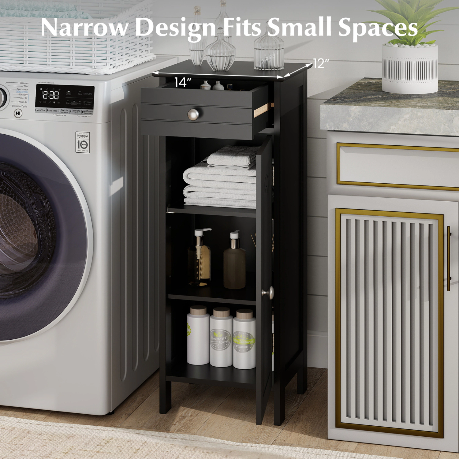 SlickBlue Narrow Storage Cabinet with Adjustable Shelves and Drawer