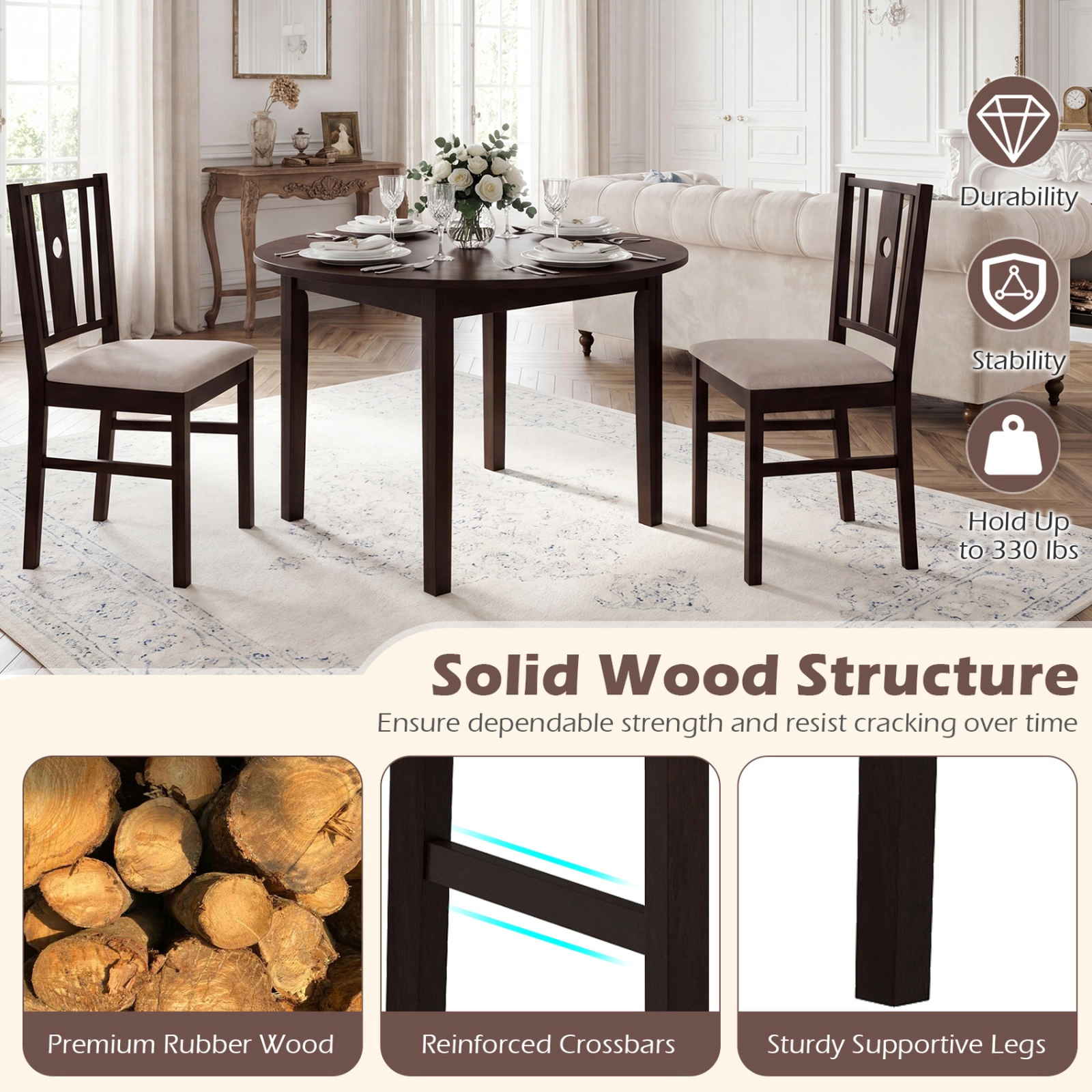 SUGIFT Set of 2 Rubber Wood Kitchen Dining Chairs 330-lb Capacity High Back Fabric Padded Seat Coffee Frame Beige Seat