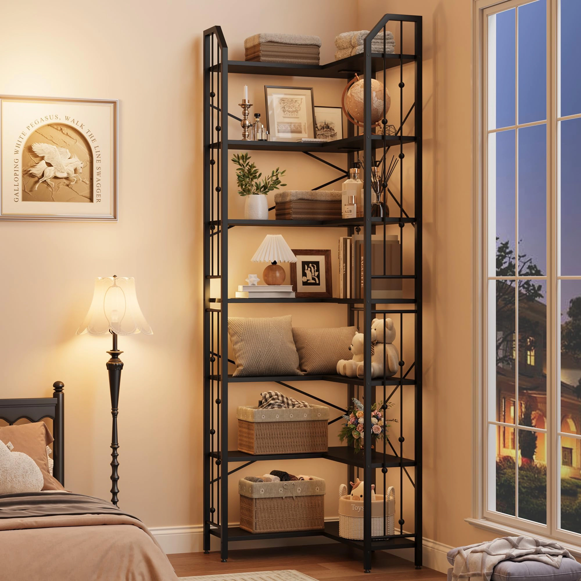 BebreezChic l-Shaped Corner Bookshelf, 5-Tier Tall Bookcase, Industrial Storage Display Shelves for Living Room
