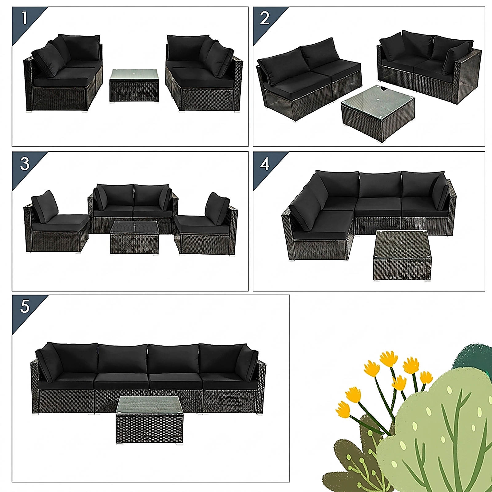 SUGIFT 5 Piece Cushioned Patio Rattan Furniture Set with Tempered Glass Table