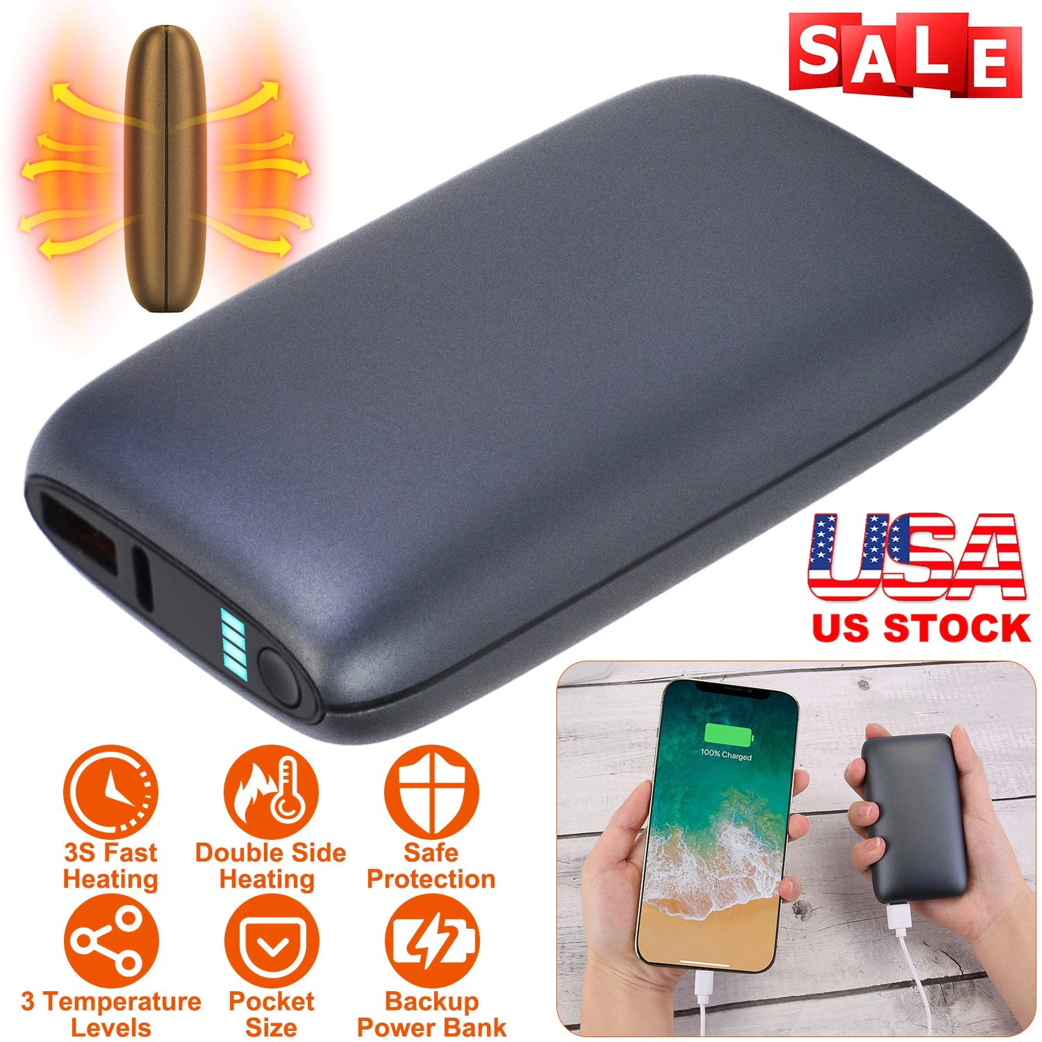 GBruno Double-Sided 10000mAh Hand Warmer Power Bank