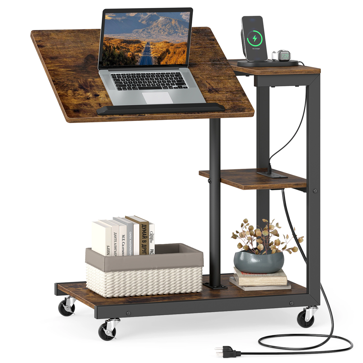 Glintex Mobile Couch Side Table with Tilting Top Adjustable Height and Charging Ports, Rustic Brown