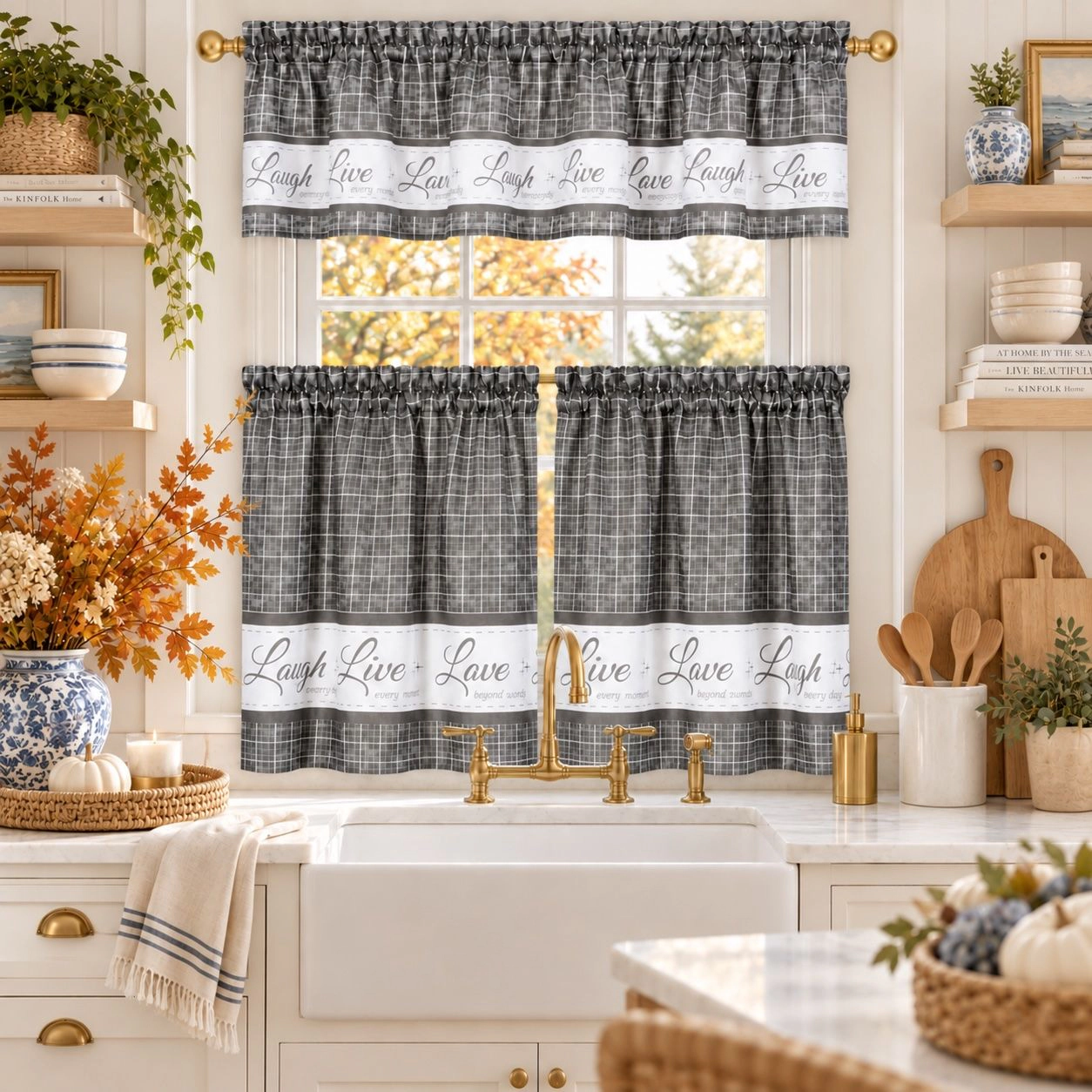 Kate Aurora Country Farmhouse Gingham Plaid Check Live~Laugh~Love 3 Pc Kitchen Curtain Set