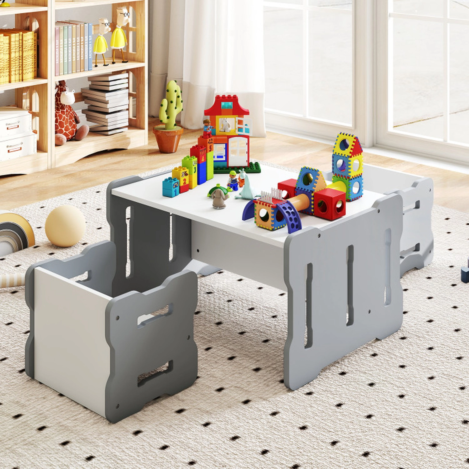SUGIFT 3-Piece Toddler Study and Activity Table Set with 2 Stools 77-lb Capacity MDF 27-in Desk Gray/Natural