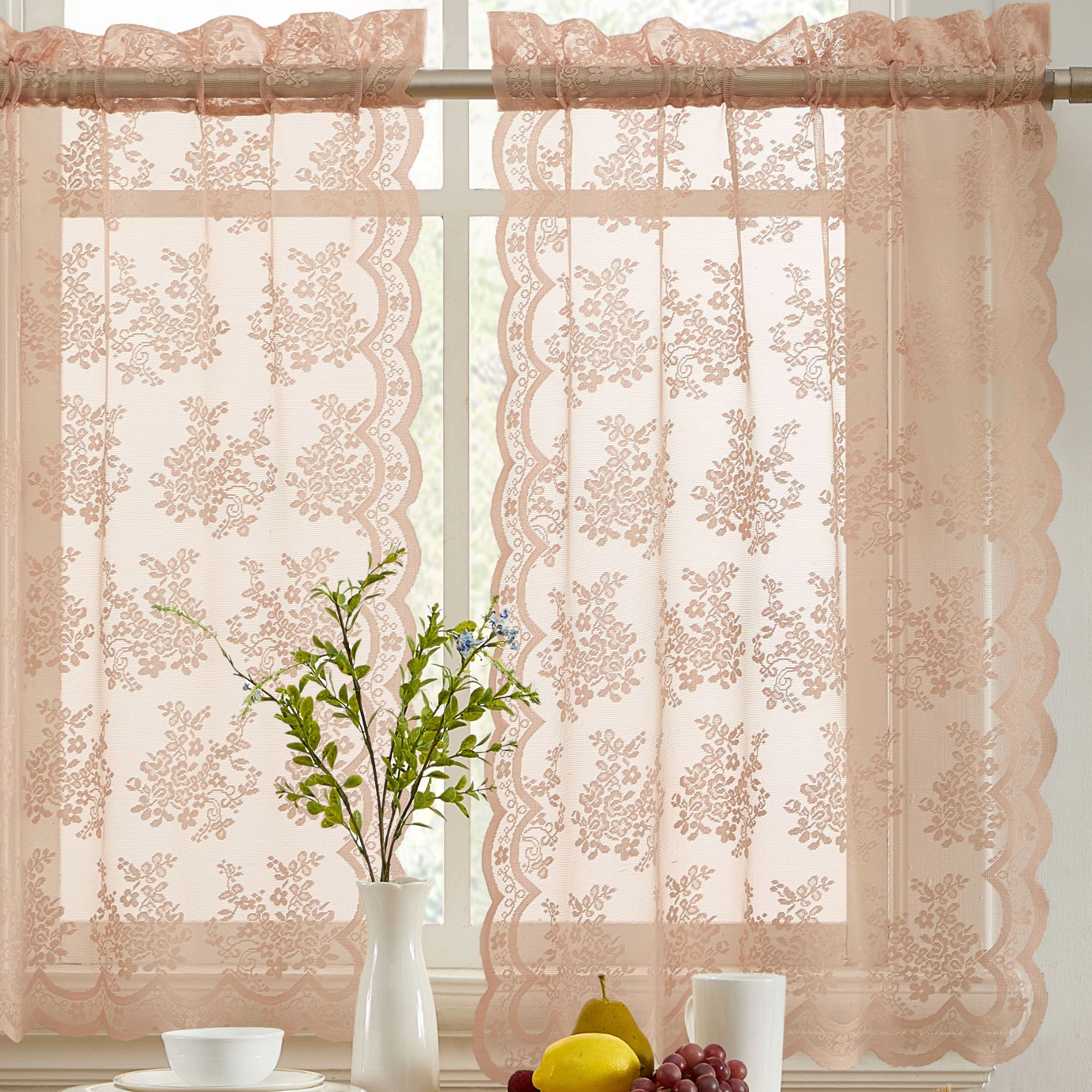 HLC.ME Jolene Floral Rod Pocket Lace Semi Sheer Voile Short Cafe Tiers for Small Windows - Set of 2