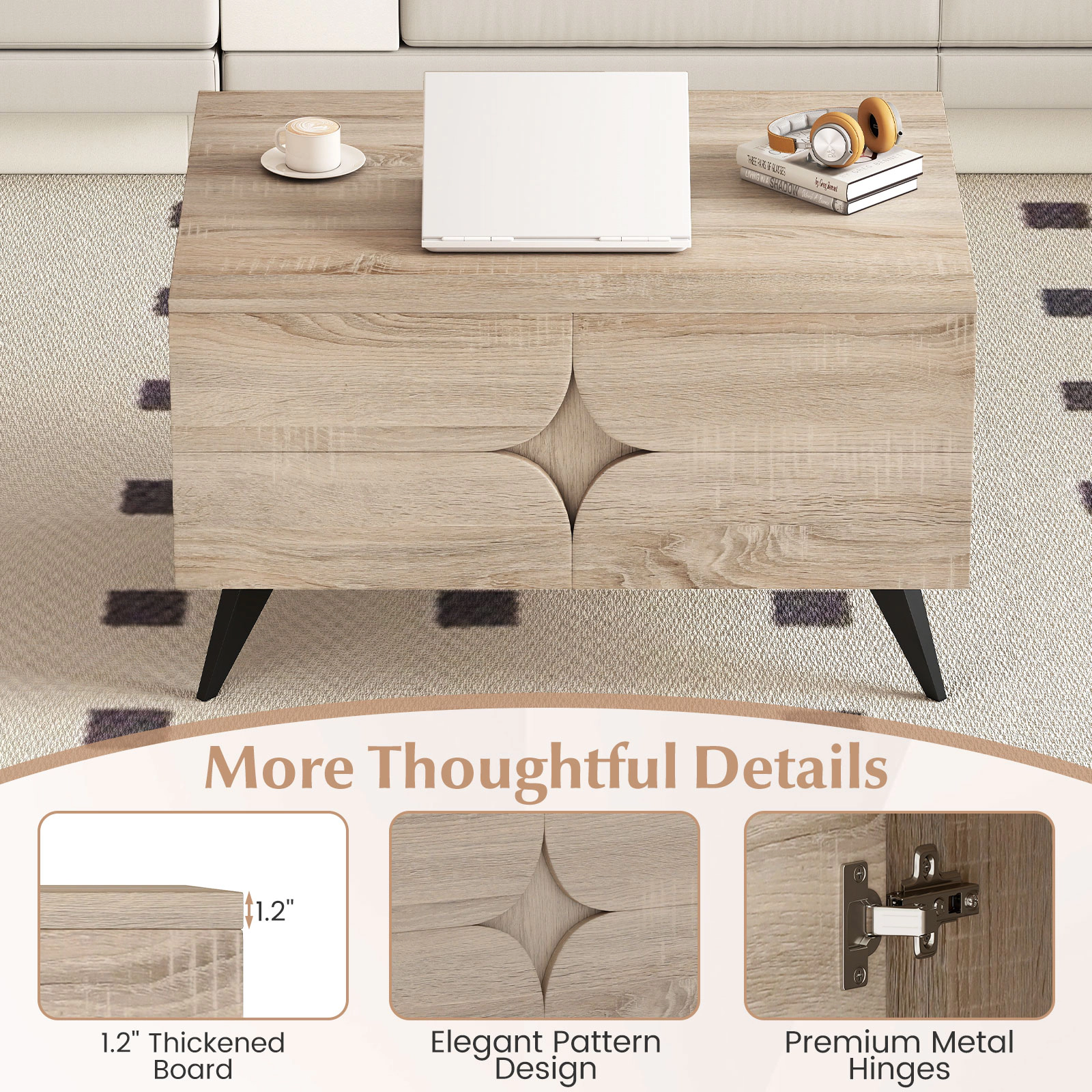 SUGIFT 3-Door Storage Cabinet Open Compartment MDF Coffee Table 31.5-in x 23.5-in x 18-in 88-lb Capacity Natural