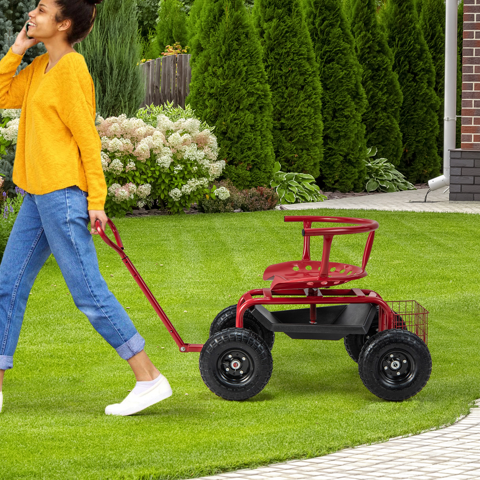SUGIFT Rolling Garden Cart Scooter with Cushioned Seat and Adjustable Steering Handle