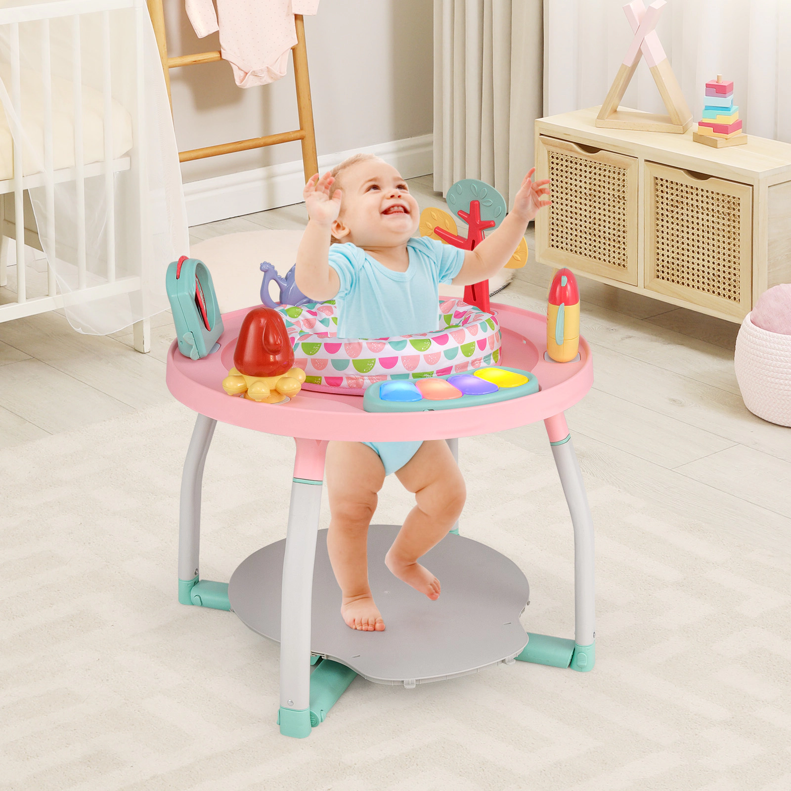 SUGIFT Pink Removable Toys and Study Desk 5-in-1 Baby Activity Center Bounce Seat