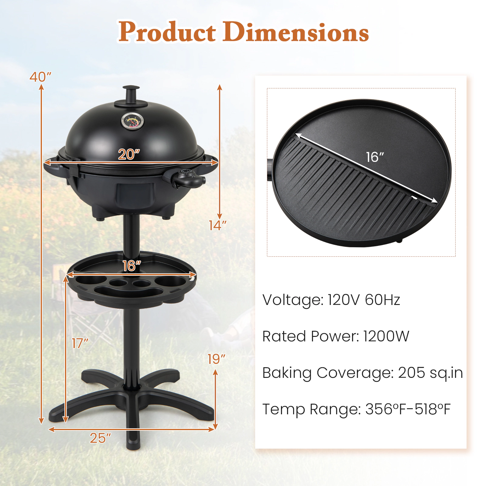 SUGIFT 1200W Black 2-Zone Electric Grill with Removable Stand 205-sq-in Cooking Area 25-in W 40-in H