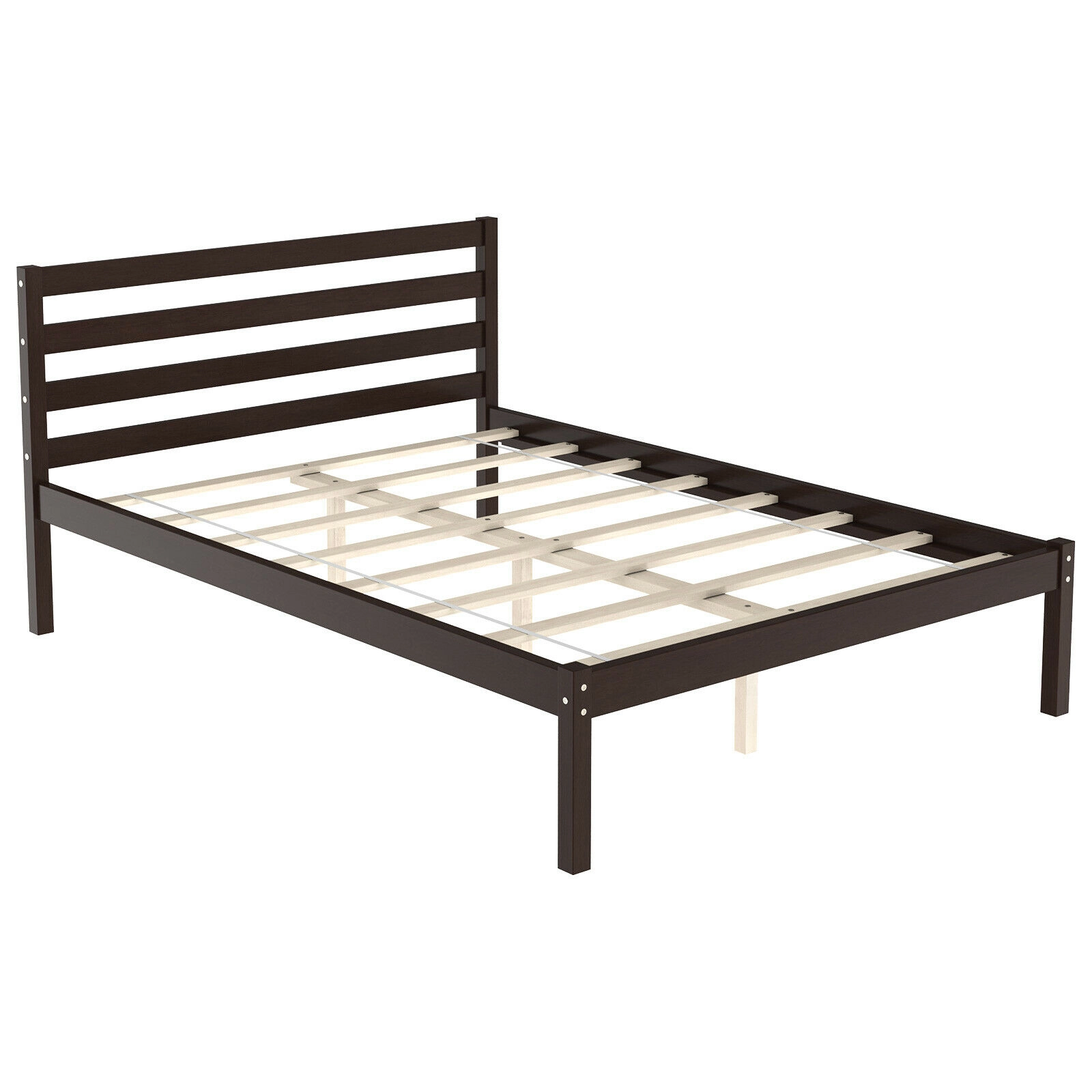 SUGIFT Espresso Slat Headboard and Solid Wood Slats Full Size Wooden Bed Frame Foundation
