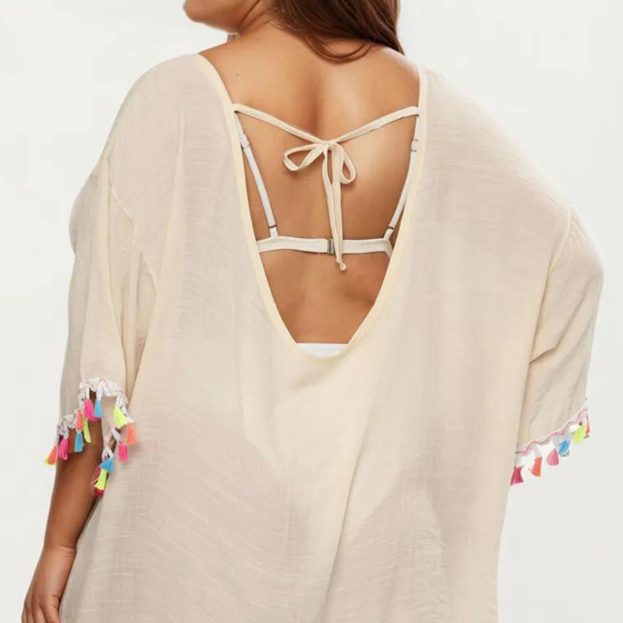 Anna-Kaci Women's Plus Sheer Tassel Trim Scoop Neck Loose Fit Swim Cover Up Dress