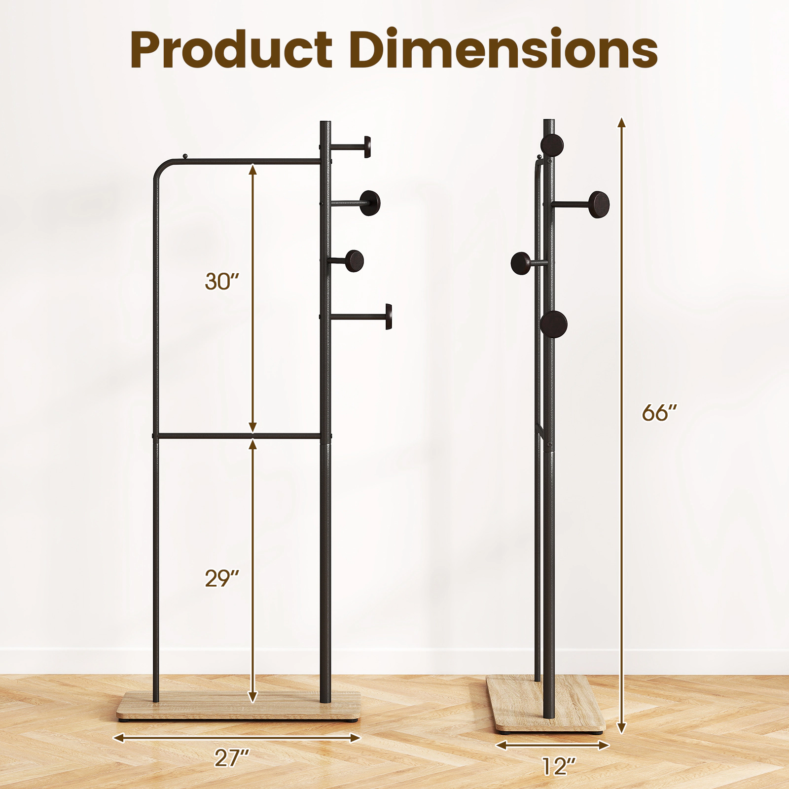 SUGIFT 66-in 110-lb Capacity Double Rod Clothes Rack with 4 Rubber Wood Hooks and Wooden Bottom Shelf