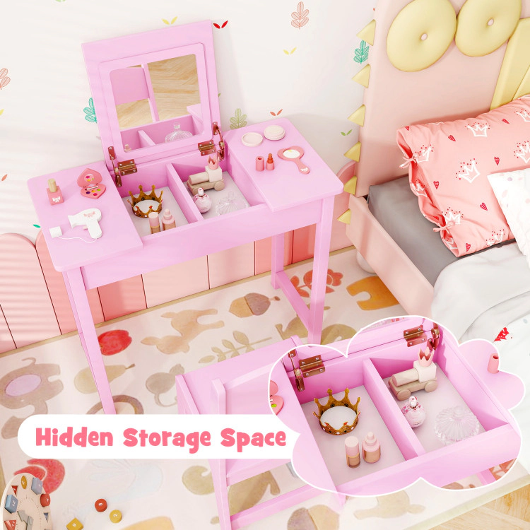 Hivvago 2-In-1 Kids Vanity Makeup Table And Chair Set With Flip Top Mirror